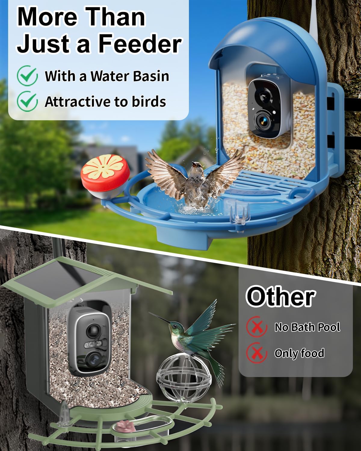 Bird Feeder with Camera, 2K HD Camera Birds Feeder with Bath Wireless Outdoor, Solar Powered Bird Watching with APP Control, Night Vision, Motion Detection Alerts, IP66 Birdfeeder for Backyard, Blue