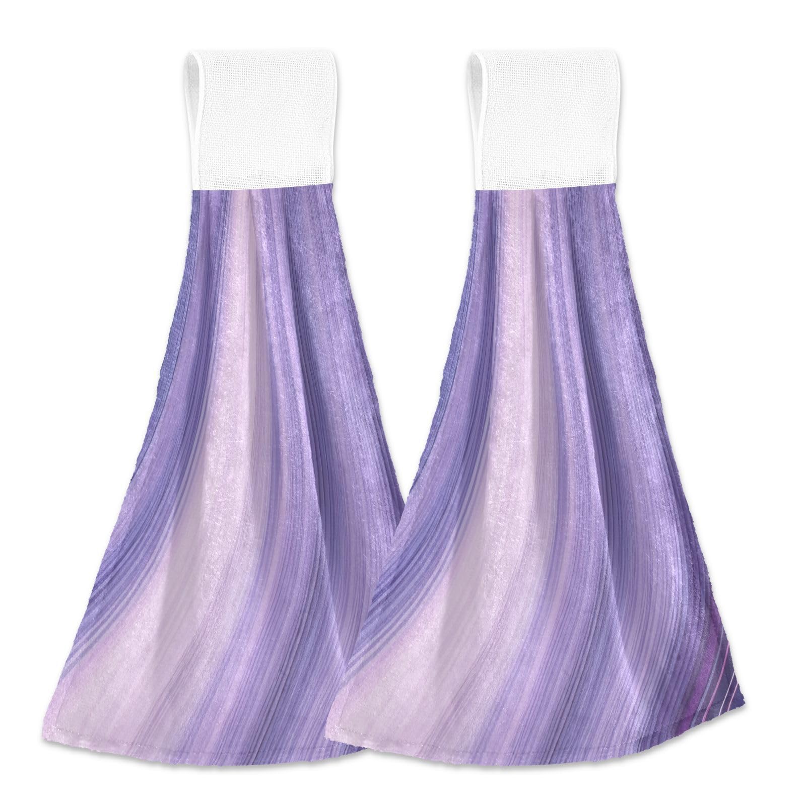 Blueangle Set of 2 Purple Marble Hanging Tie Towels Kitchen Hand Towel Absorbent Soft Coral Velvet Dish Wipe Cloth for Kitchen Bathroom