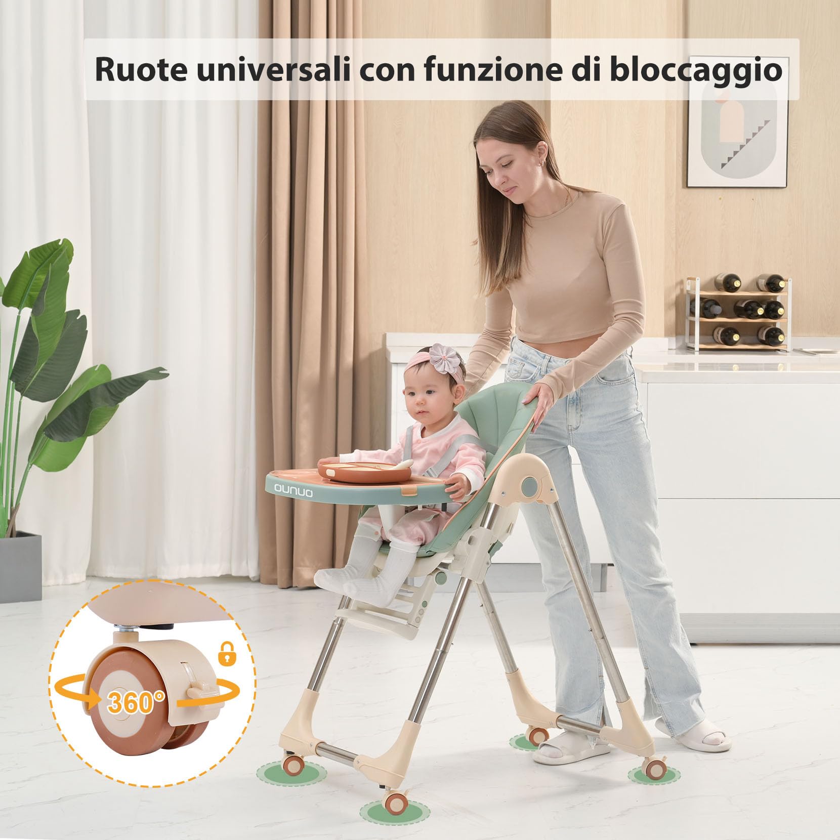 OUNUO Seggiolone Pappa, Seggiolino da Tavolo Pieghevole, Seggioline per bambini da 6 Mesi fino a 6 anni, Piatto da Cena Smontabile, Pedale e Schienale Regolabili in Altezza (Verde)
