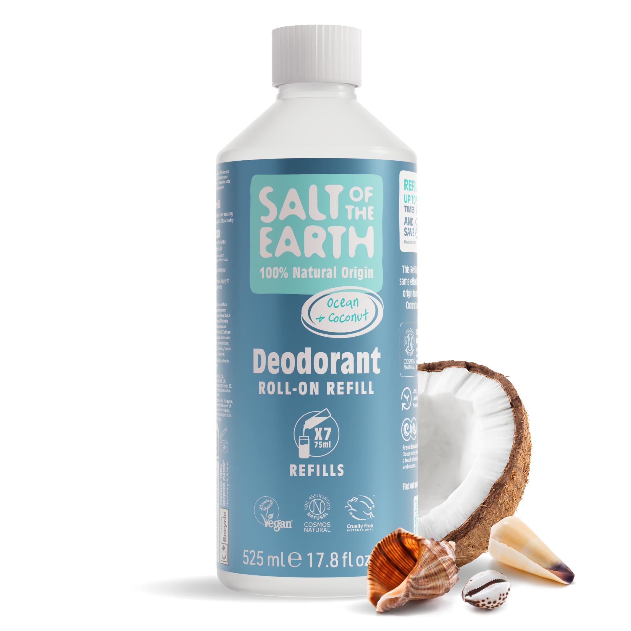 Salt Of the Earth Natural Deodorant Roll On Refill by Salt of the Earth, Ocean & Coconut - Vegan, Long Lasting Protection, Leaping Bunny Approved, Made in the UK - 525ml