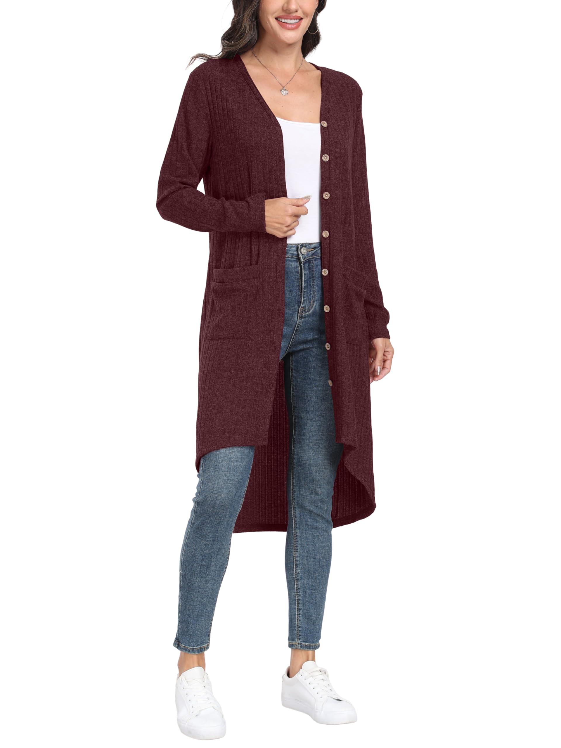 GRECERELLE Cardigan Femme Long Cardigan Élégant Fin Côté Manches Longues avec Boutons et Poches