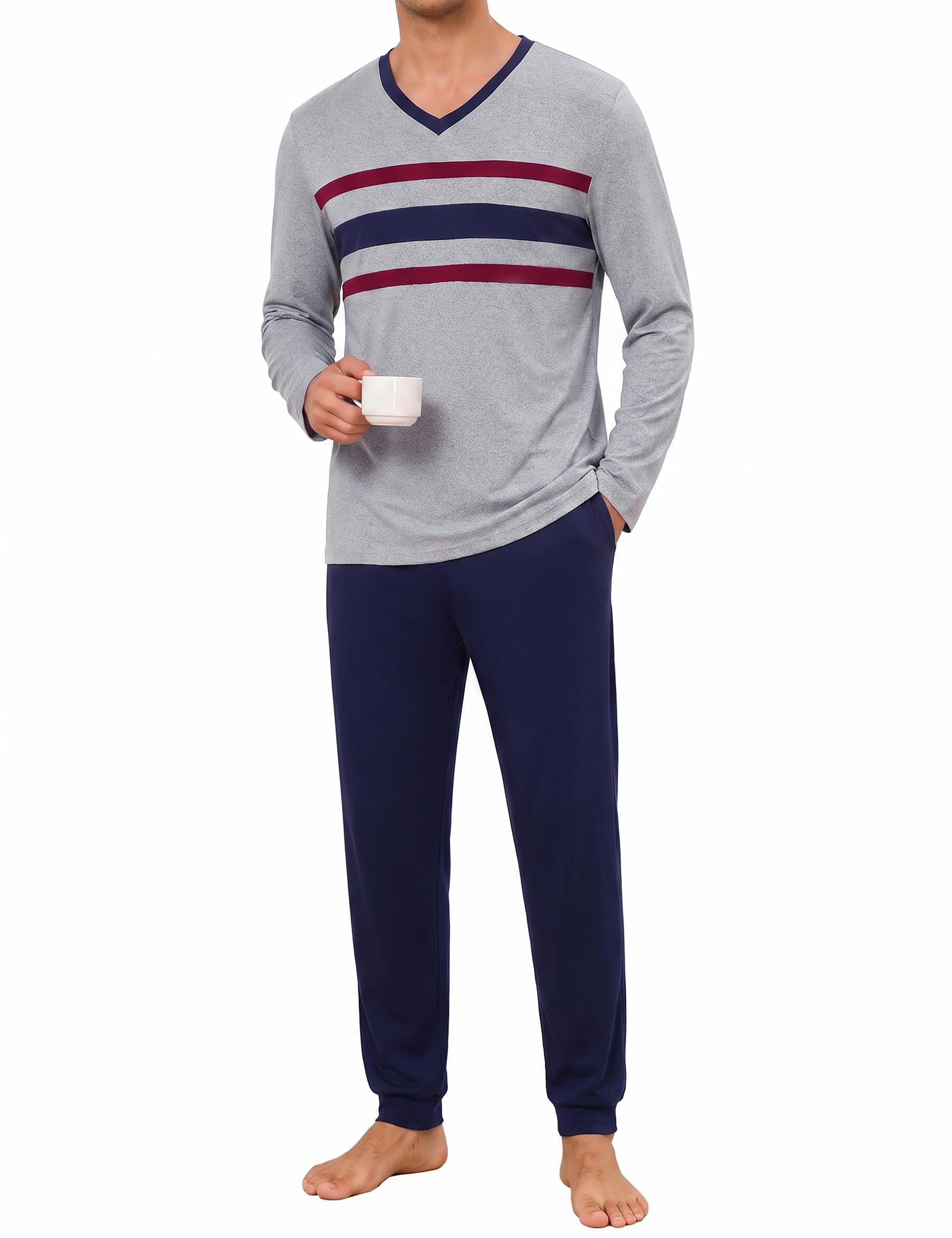 Marvmys Schlafanzug Herren Lang Baumwolle PyjamaSet V-Ausschnitt Zweiteiler Nachtwäsche Pyjamahose mit Taschen S-3XL