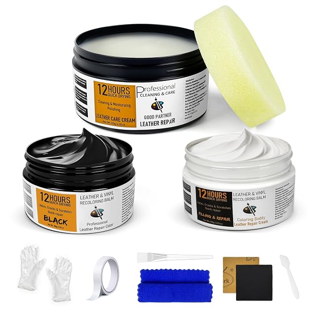 12H Quick-Dry Leather Repair Kit with 3 53Oz Black Leather Recoloring Balm Filler 4 23Oz Conditioner and Cleaner
