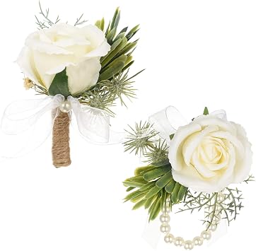 DearHouse 2 Pack Boutonniere Buttonholes and Wrist Corsage Wristband Roses Wrist Corsage, Groom Groomsman Best Man and Girl Brides Rose Wedding Flowers Accessories Prom Suit Decoration