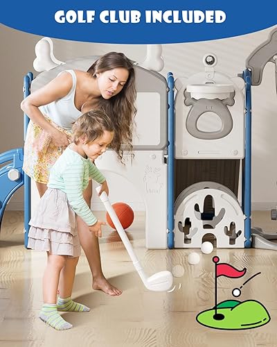 Miniatura 5 de YUFU Juego de tobogán y columpio 13 en 1 para niños pequeños de 1 a 3 años, juego para niños pequeños con juego de golf, aro de baloncesto y tabla