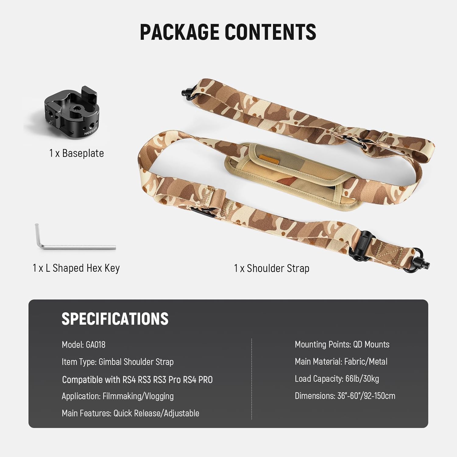 NEEWER RS4 RS3 Gimbal pasek na ramię, redukujący wagę, wyściełany, regulowany pasek z podstawą, szybkie odpinanie, klamra QD, kompatybilny z DJI RS4 RS4 Pro RS3 RS3 Pro RS2, moro, GA018