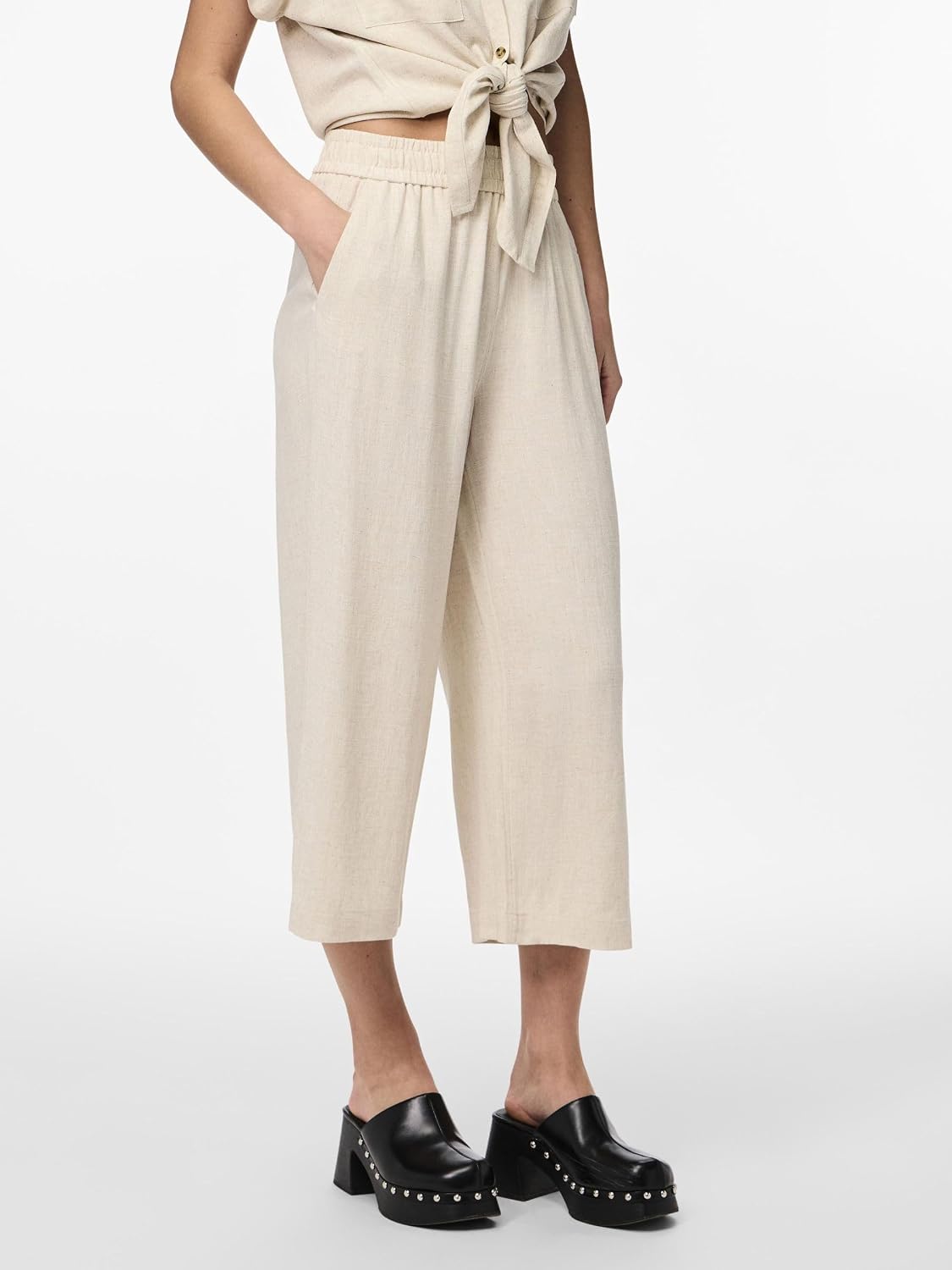 Pantalones De Lino Para Mujer - 7/8, Con Bolsillos, Cordón Ajustable, Verano