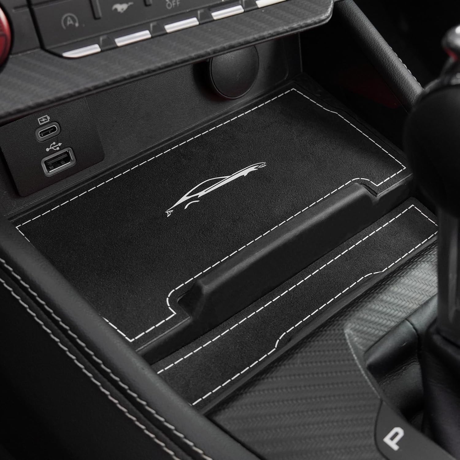BETTERHUMZ Car Storage Panel Pad Compatible with Ford Mustang 2024 2025 for Alcantara Carbon Leather Protective Decor Mat Car Interior Accessories (Suede Black)