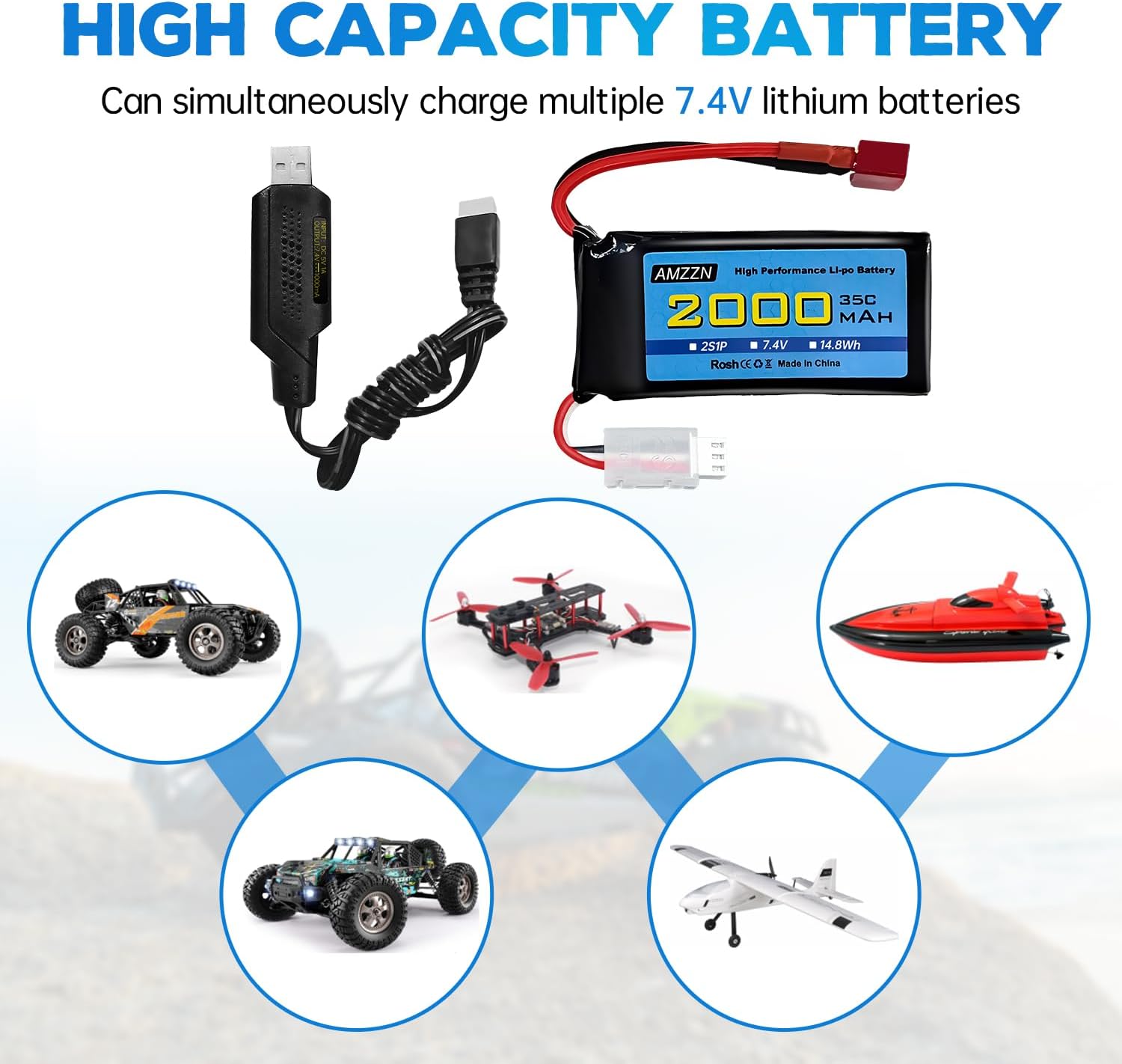 7.4V 2000mAh 35C 2S Lipo Battery with T-Plug and USB Charging Cable for 300E 9200E 9201E 9206E M416 H16PL 903A HP162S HM124 RC Car, RC Ship Drone Battery