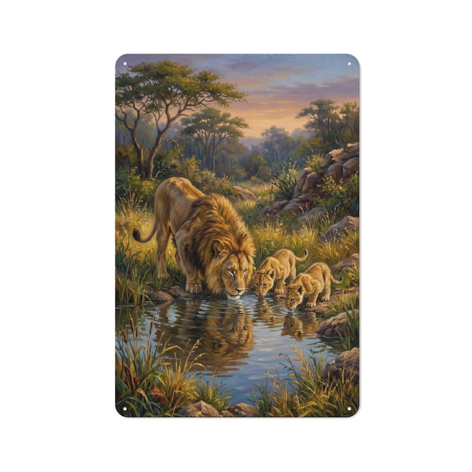 Junmoney Style-23 Lion Family Drinks Water At Sunset Rustic Metal Sign 30X20cm For Café Or Home Bar, Suited To Home Bar Enthusiasts, For Retro Home Interiors
