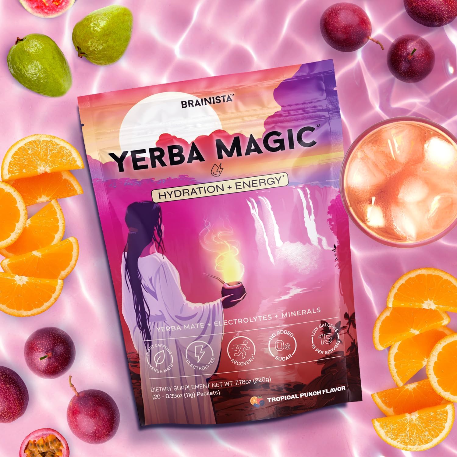 Yerba Magic Hydration + Energy - Tropical Punch with Electrolytes, Yerba Mate Caffeine, Amino Acids, Sea Moss & Coconut Water for Hydration, Muscle Recovery & Clean Energy - Zero Sugar (20 Stick Packs)