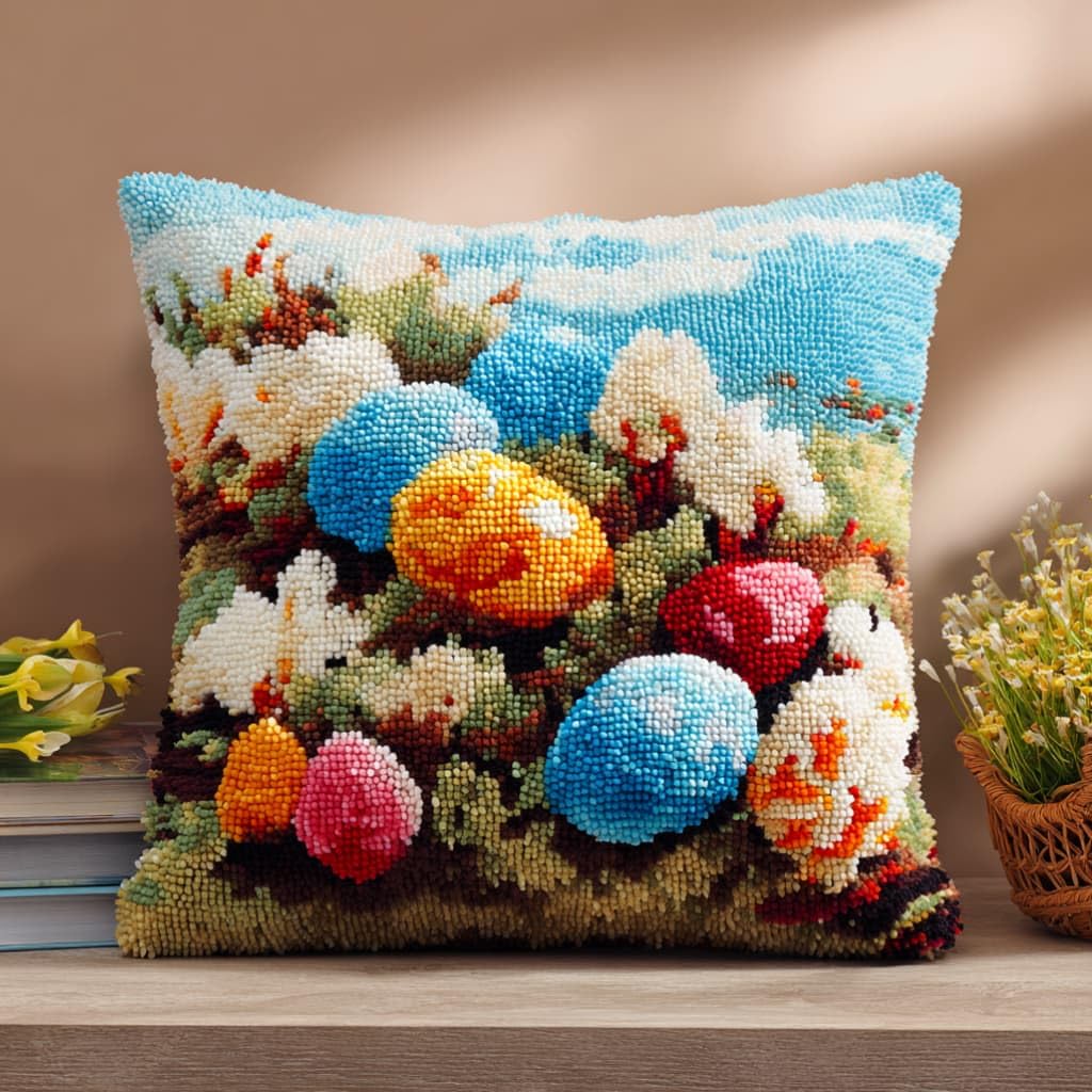 Latch Hook Embroidery Kit,Easter Egg Diy Throw Cushion Cover 43X43Cm