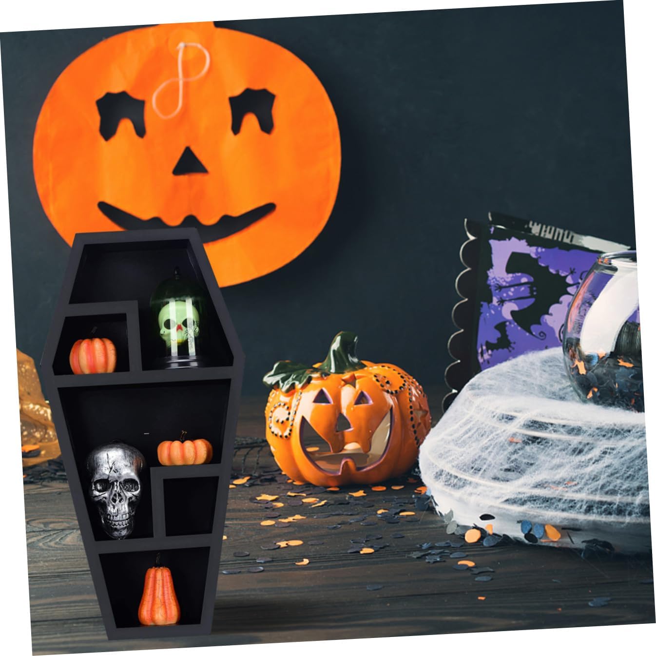 Spooky Coffin Shelf Gothic Decor Organizer for Candles Books Figurines Unique Halloween Storage Rack for Eerie Atmosphere Creepy Collectibles Novelty Decorative Display Shelf