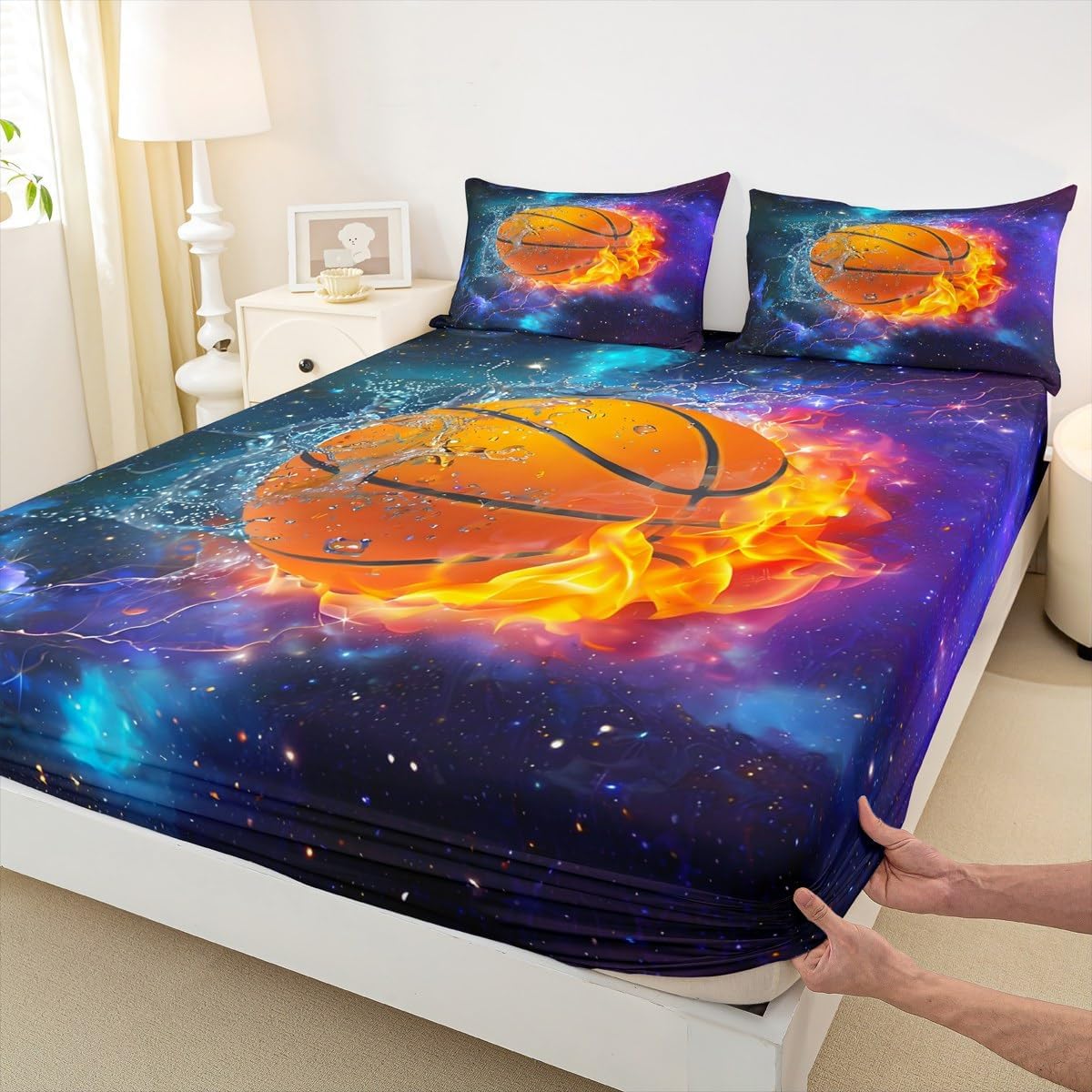 Basketball Kids Fitted Sheet Twin Size,Flame Ball Sports Games Bedding Set,Boys Girls Adults Room Decor,Purple Starry Sky Galaxy Romantic Bed Cover,Fashion Unique Bed Sheet,1 Pillowcase