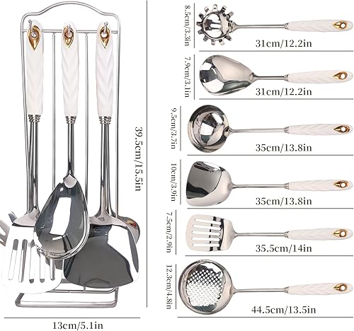 Miniatura 6 de Juego de utensilios de cocina de acero inoxidable 304 pulido espejo con soporte, 7 espátulas de metal de alta calidad, cucharón de sopa, afinador