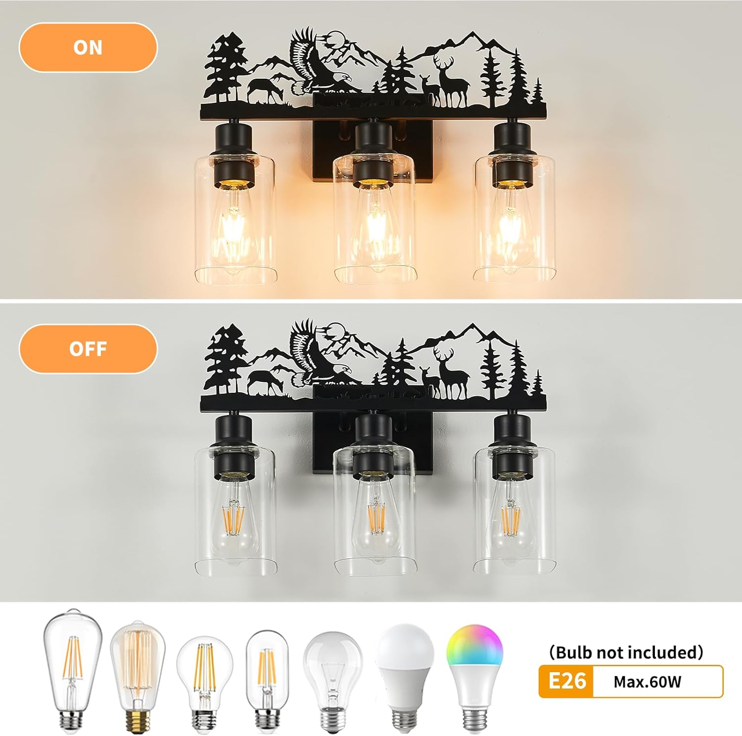 Rustic Farmhouse Bathroom Vanity Light, 3-Light Deer & Forest Wall Sconce Over Mirror, Black Metal Fixture with Clear Glass Shades for Bathroom, Cabin or Entryway