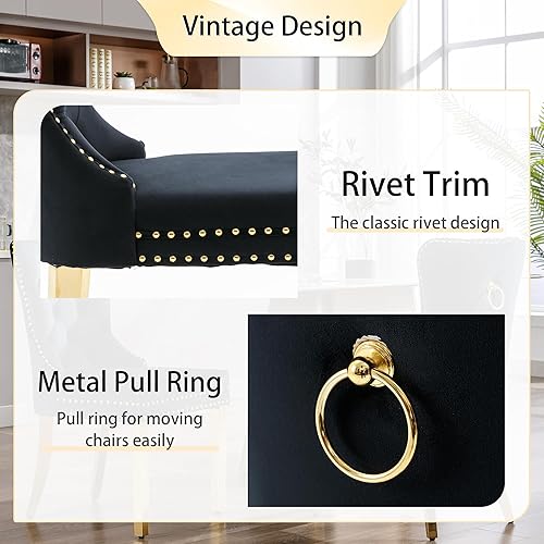 Miniatura 116 de Juego de 2 sillas de comedor, sillas de terciopelo copetudas con patas de acero inoxidable doradas, anillo de metal con ribete de remache, respaldo