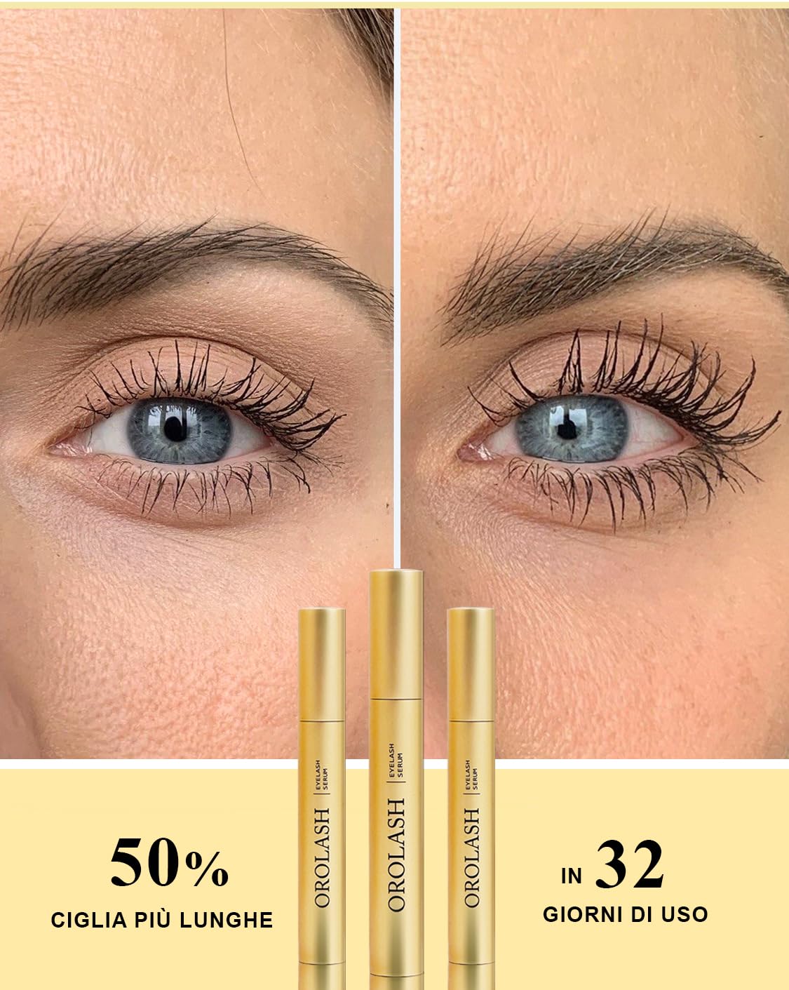 Siero Ciglia Allungante e Volumizzante OROLASH 3ML (3 mesi) | Ideale Per Infoltimento Ciglia e Sopracciglia | 100% EFFICACE