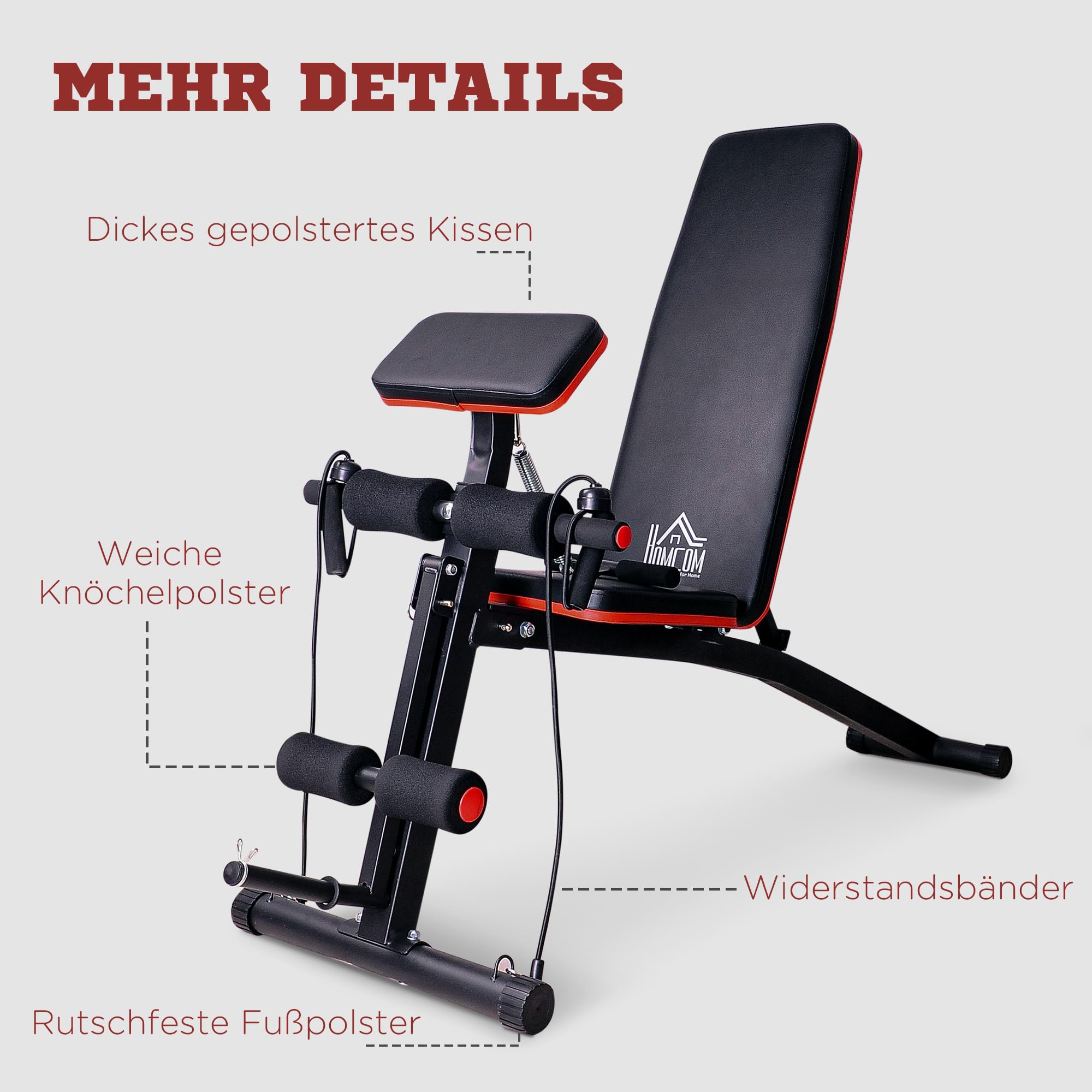 HOMCOM Hantelbank, Multifunktion Trainingsbank mit 7-fach verstellbarer Rückenlehne, Klappbar Fitnessbank bis 300 kg belastbar, für Zuhause, Bizeps-Curls, Langhantel, Stahl