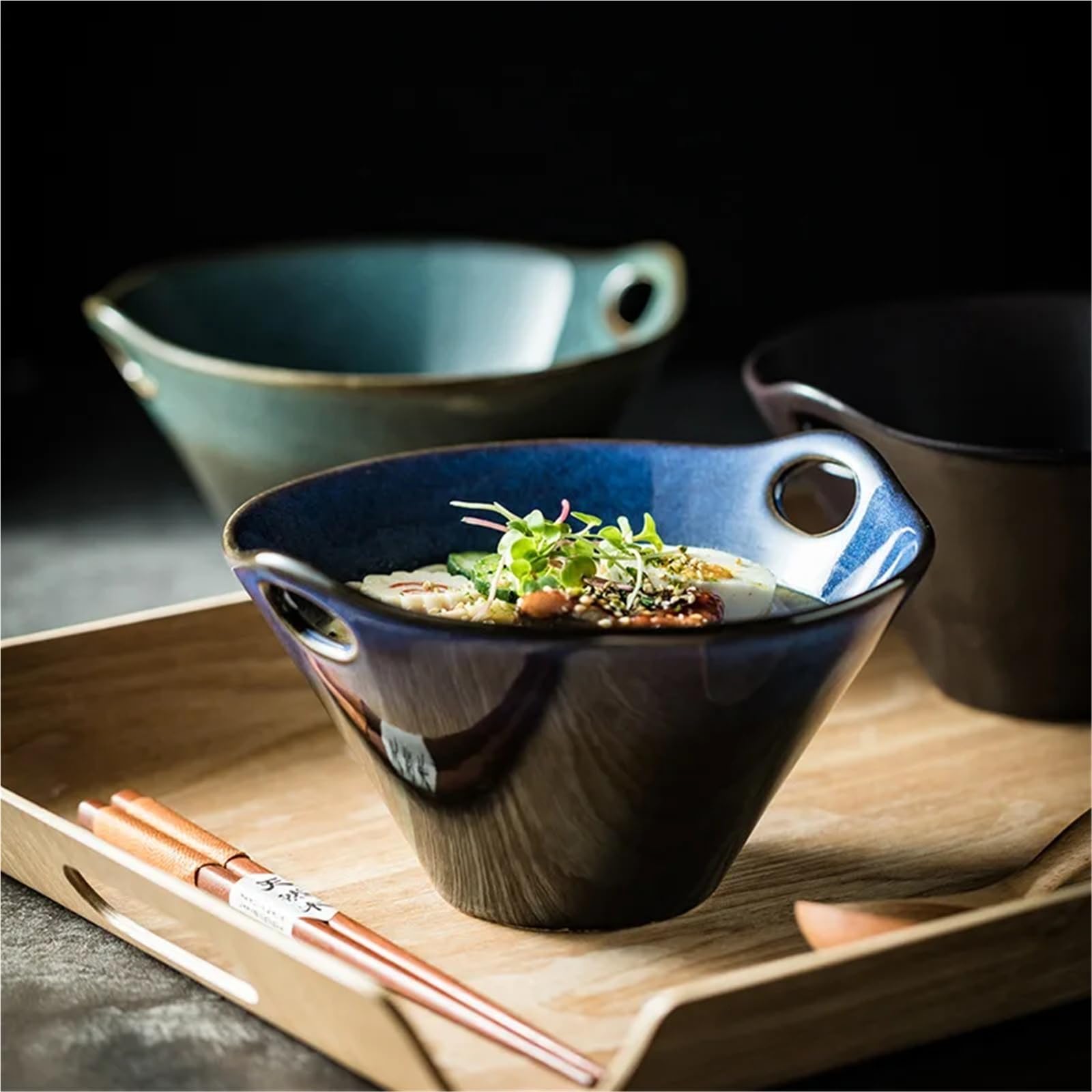 Keramikschale im japanischen Stil mit Löchern, vielseitig einsetzbar für Instant-Nudeln, Suppe, Salat, geeignet für Schlafsaal und Haushalt (7,5 Kaffee-Gold)