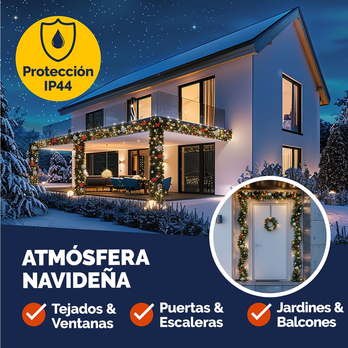 Casaria Guirnalda de Navidad Abeto 5m 80LEDs Blanco Cálido Incl. Mando a Distancia 7 Modos Luz y Decoración Navideña | Mando Distancia, 7 Modos Luz, IP44, Blanco Cálido, incl. Adornos, Resistente Intemperie, Decoración Exterior Interior
