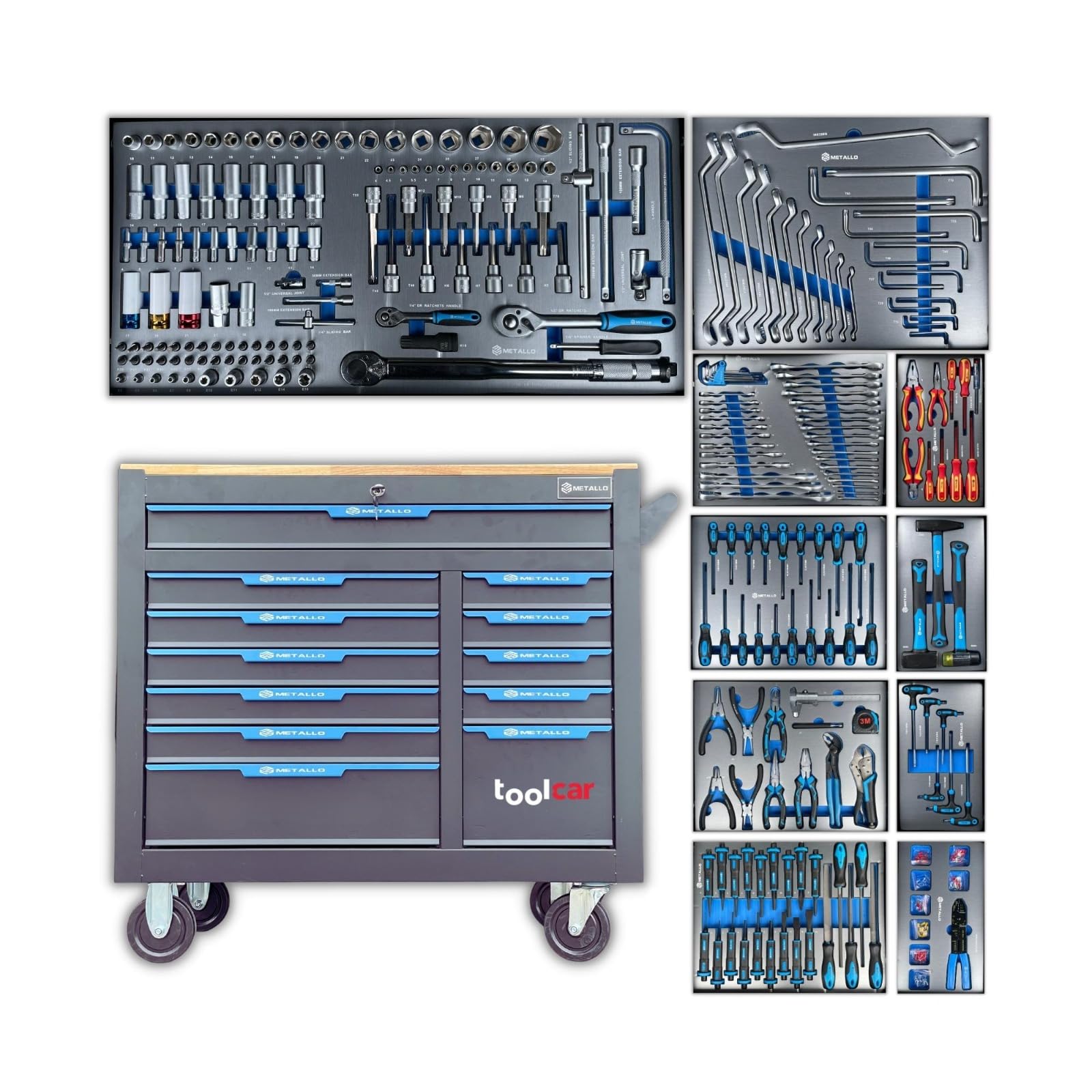Werkzeugwagen bestück/Werkstattwagen - Armario para herramientas, lleno, con 12 cajones (10 con herramientas, 2 vacíos), carro con ruedas