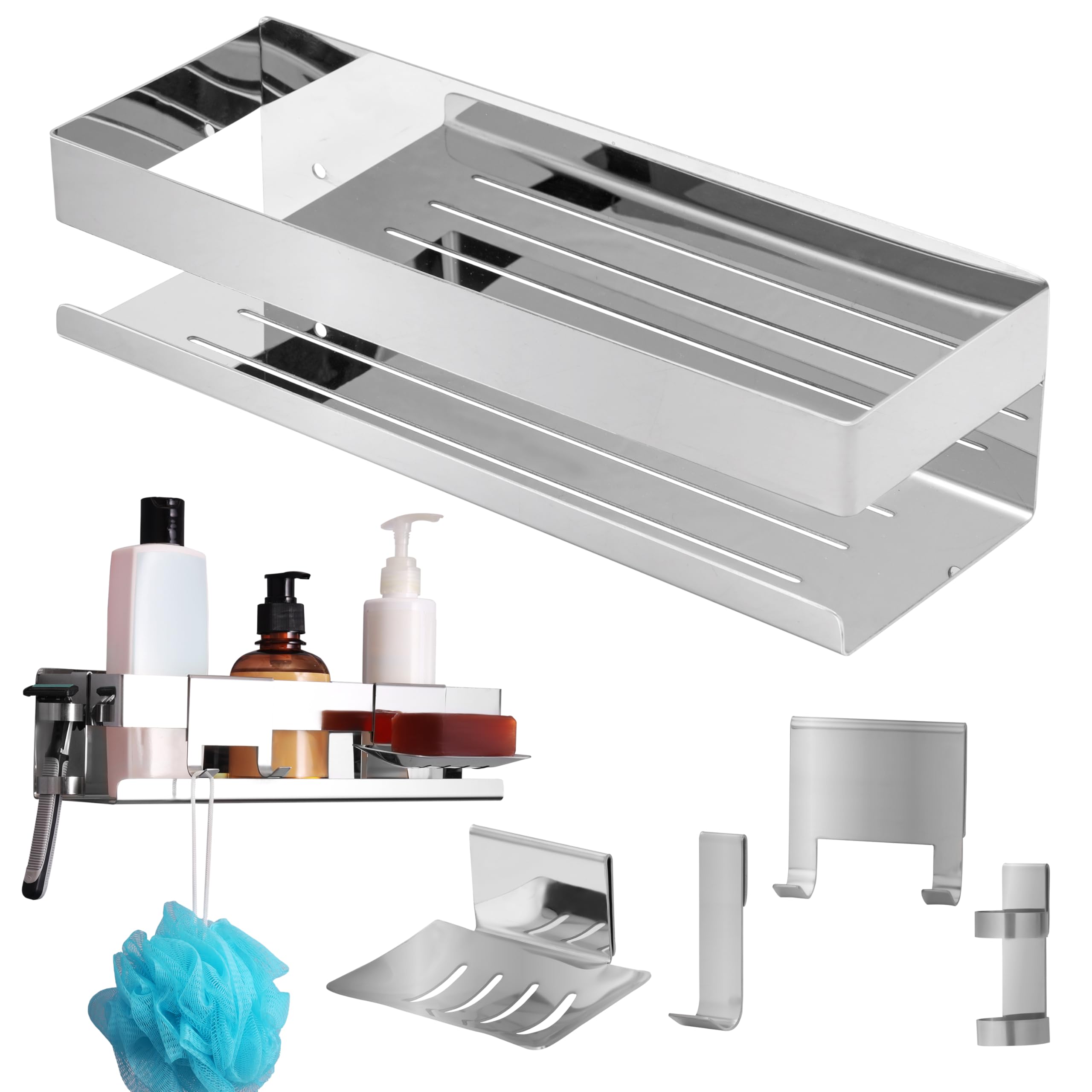 BELLE VOUS Mensola Doccia - Mensola Porta Bagnoschiuma da Bagno - Installazione Senza Foratura - Adesiva in Acciaio Inox - Organizer per Oggetti e Accessori - Soluzione 5-in1