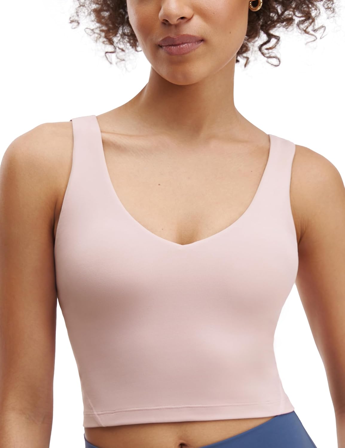 Wenamelt V Neck Longline Buttery Sports Bra for Women U Back Padded Crop Workout Yoga Tank Top with Built in Shelf Bra