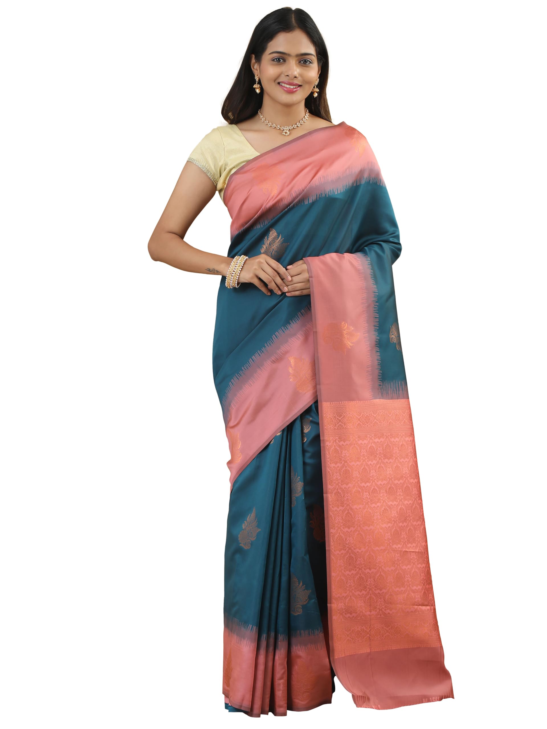 herclozet Art Silk Kanjivaram zari temple border saree (Turquoise Blue, pink)-picture-21