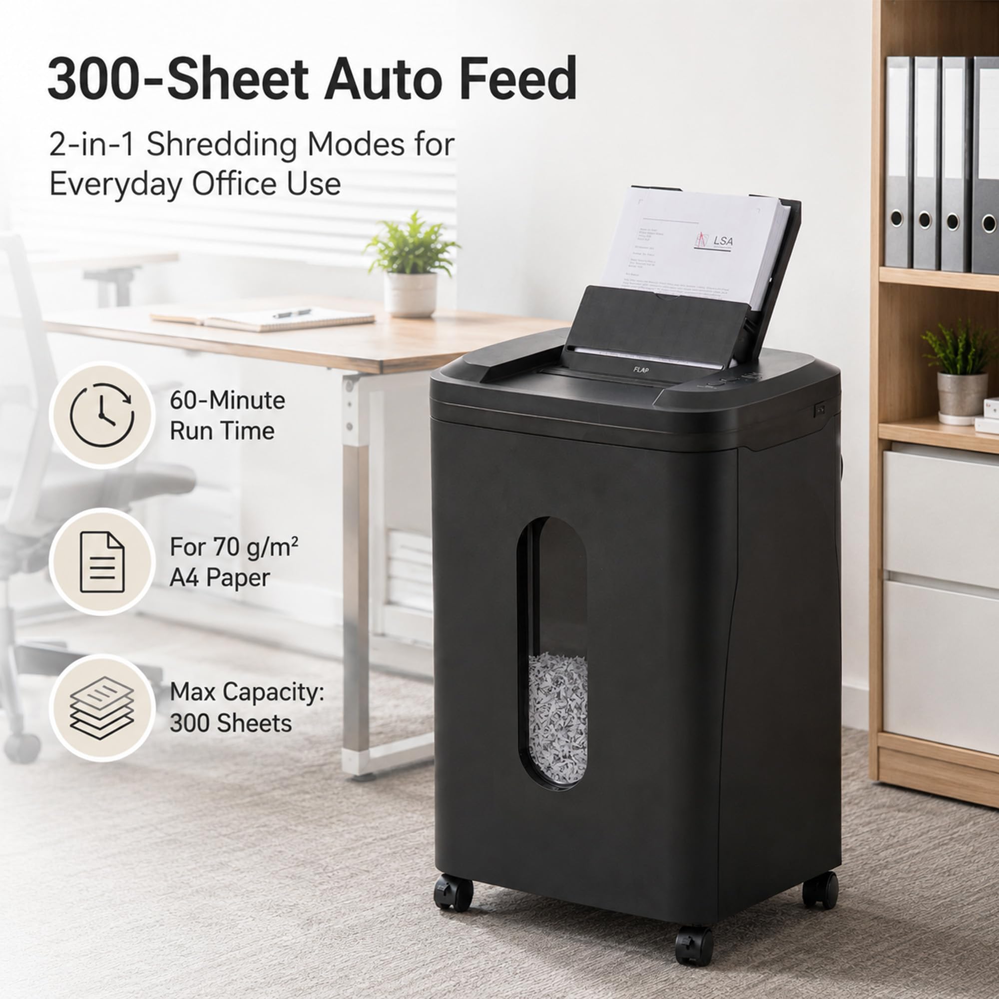 Trituradora De Papel: 300 Hojas Destructora De Papel Automática Microcorte P5 2x13 Mm Cubo 35L 10 Hojas Manuales para Oficina Casa Y Archivo