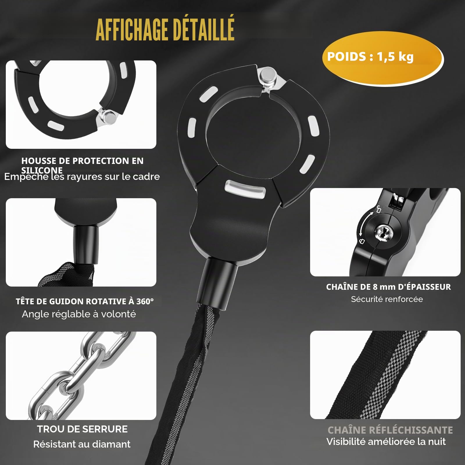 GuKKK Antivol Trotinette Electrique, 92CM Long Cadenas Trotinette Electrique, Cadenas Velo 8mm Ultra Résistant, 1.5KG Portabilité Chaine Velo Antivol, Antivol Menotte pour Scooter, Vélos Électrique