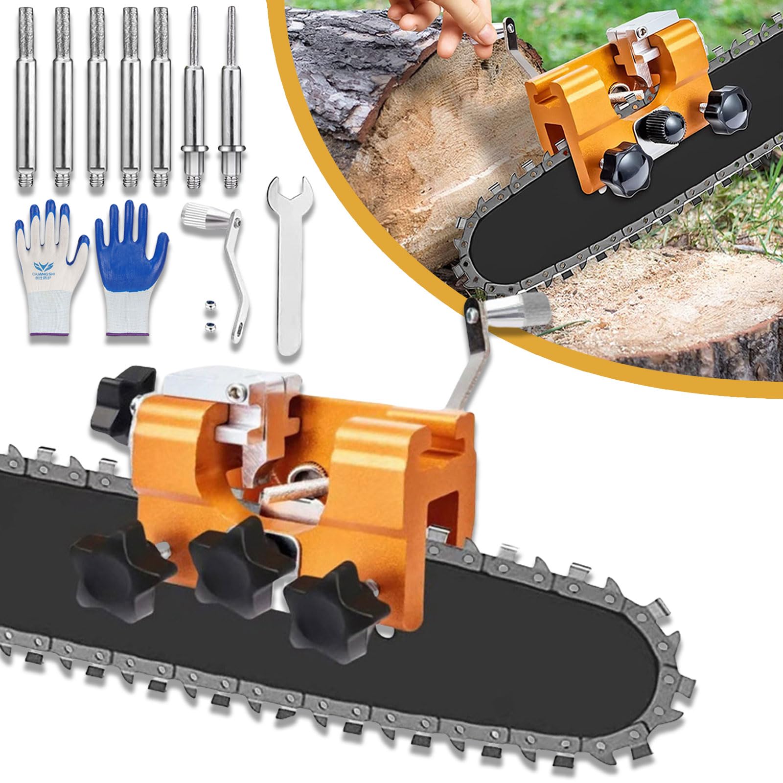 Nematyta Chainsaw Chain Sharpening Jig, Chainsaw Sharpener Jig, Chainsaw Chain Sharpener, Portable Hand Crank Chainsaw Sharpener Kit for 8"-22" Chain Saws (Large,Yellow-B)