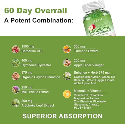 Miniatura 4 de Berberina con gomitas de canela de Ceilán, 1500 mg de alta potencia más extractos de hierbas, 10 veces biodisponibilidad para el sistema