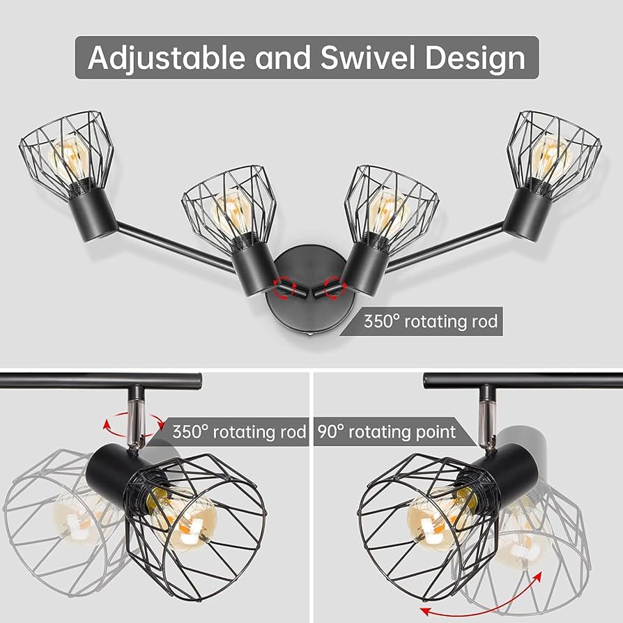 4-Way Black Industrial Ceiling Spotlight | Adjustable Wire Cage Design With E14 Base