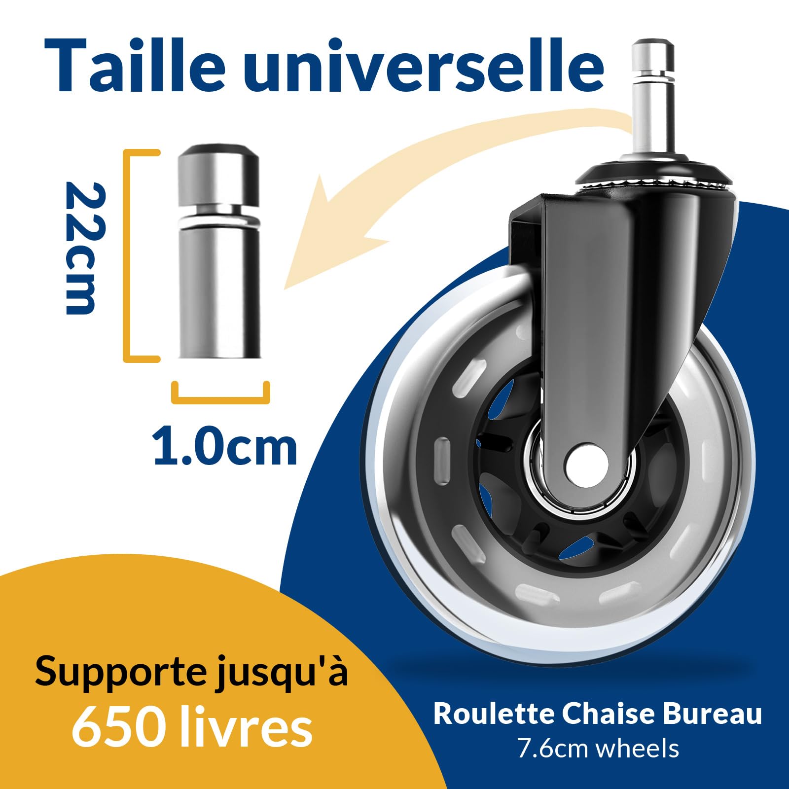5 Roulettes De Chaise Bureau 50mm - Axe 11x22mm - Nylon PU Silencieux - Charge 100kg - Noir