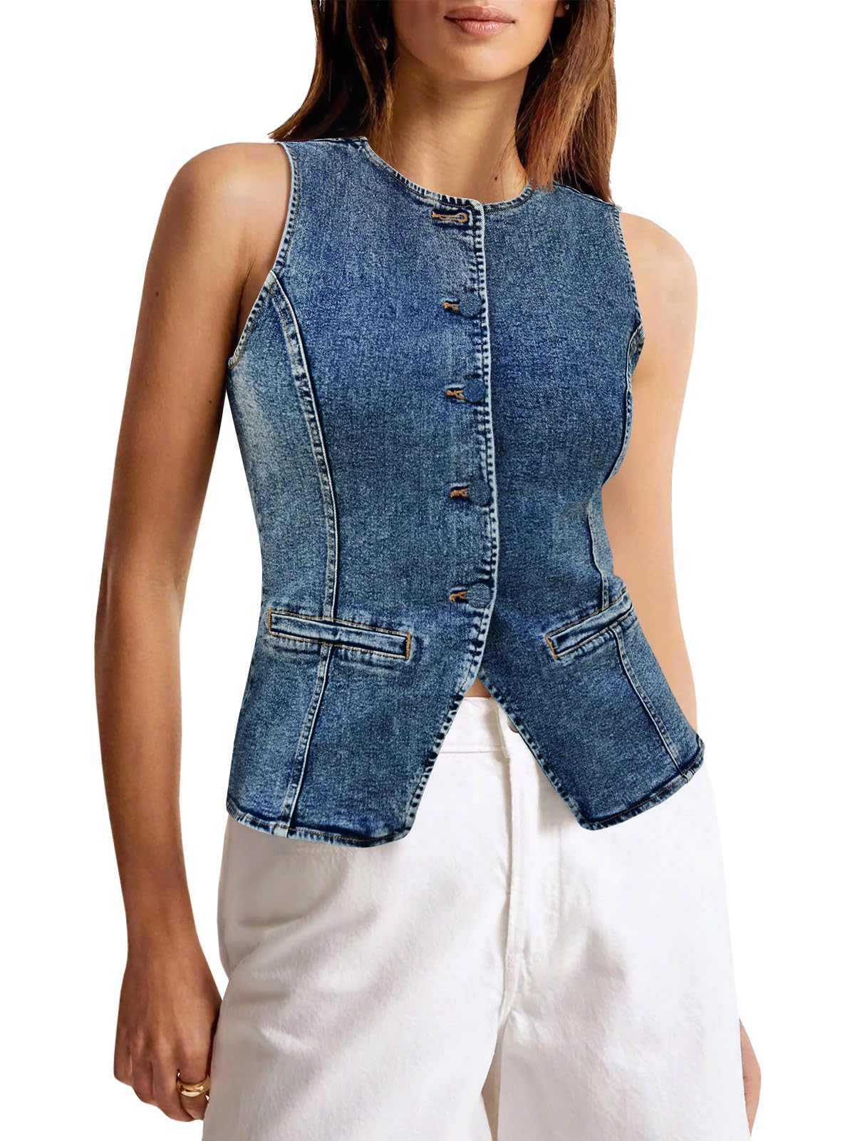 Tankaneo Womens Button Down Denim Vest Tops Sleeveless Fitted Jean Tank Tops Summer Trendy Casual Waistcoat