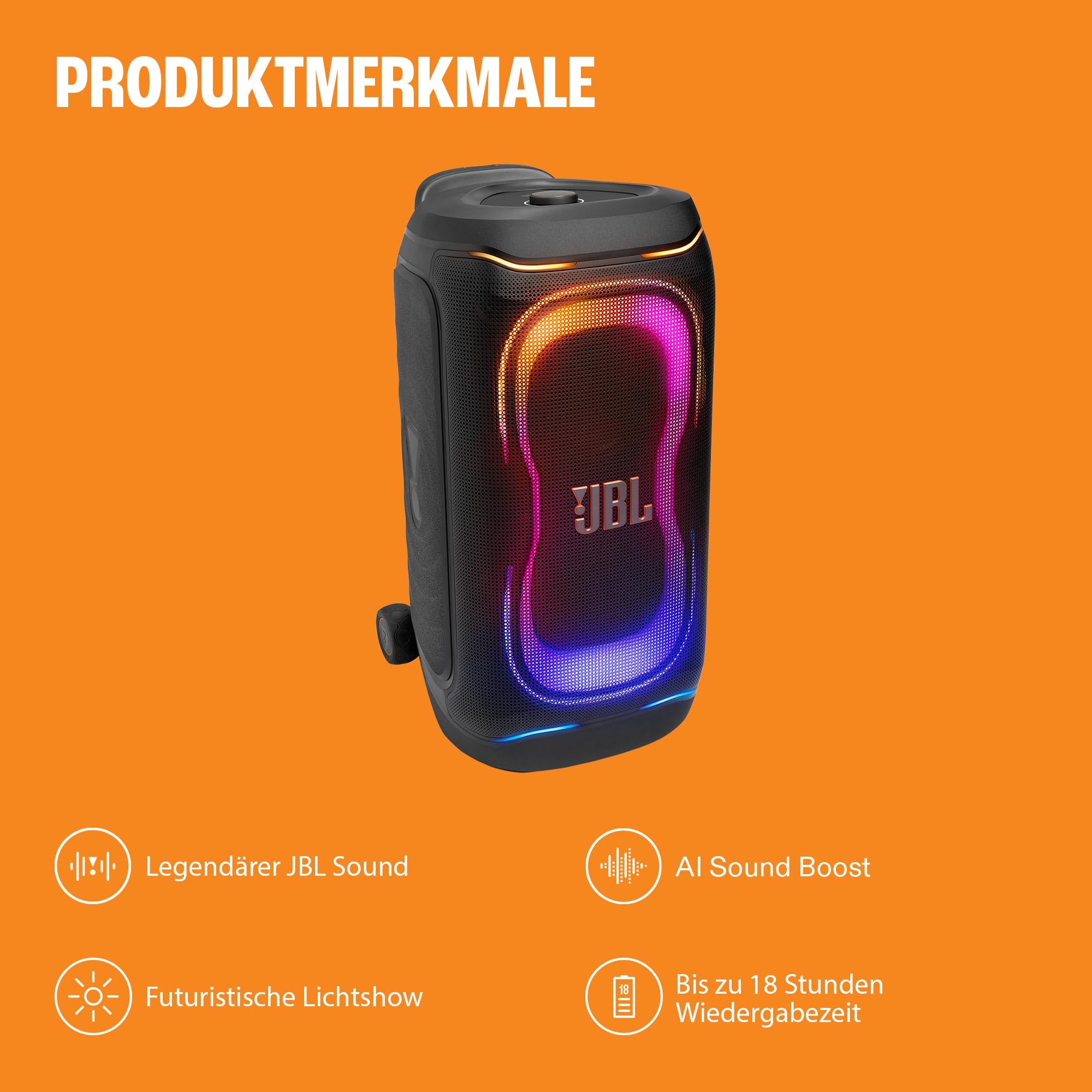 JBL PartyBox 330 Tragbarer Partylautsprecher, Schwarz | JBL Sound, Lichtshow, AI Sound Boost, Bluetooth, Teleskopgriff, IPX4 spritzwassergeschützt, bis zu 18 Std Wiedergabezeit