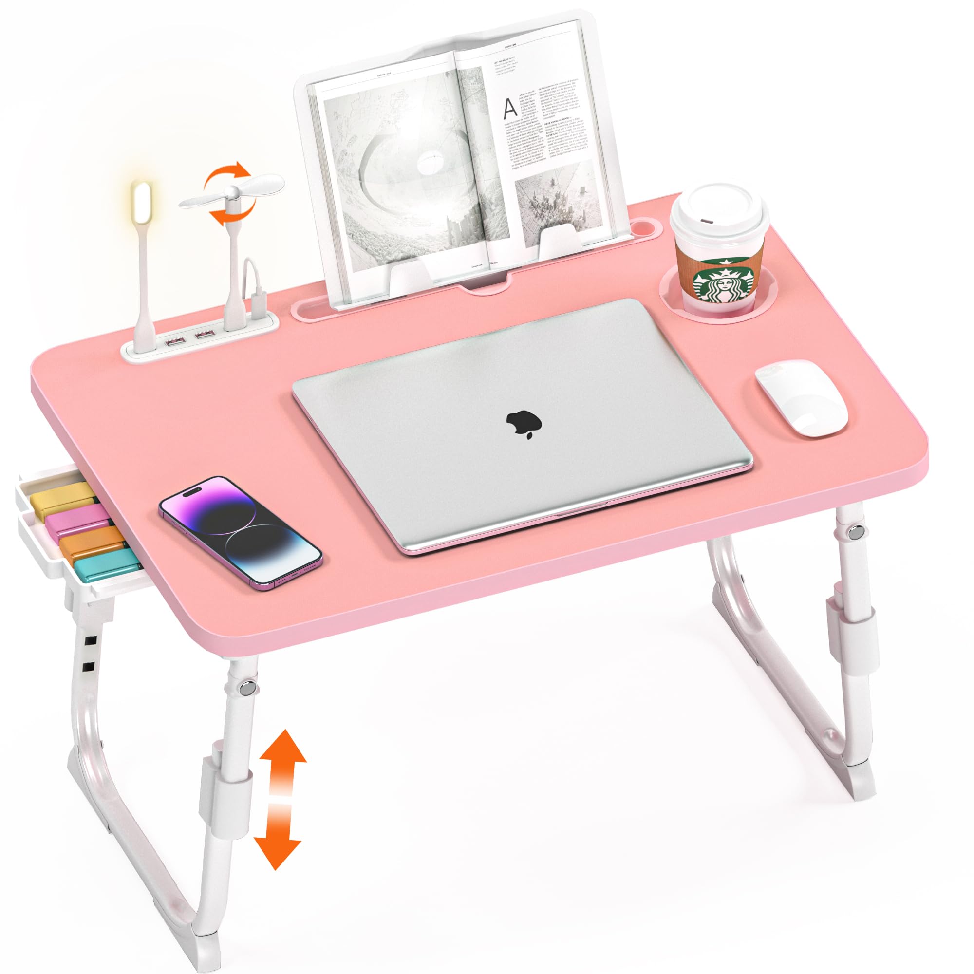 Bed Desk Height Adjustable, Bed Laptop Table with USB/Storage Drawer/Cup Holder/Tablet Stand/Book Shelf, Foldable Breakfast Tray Portable for Reading Writing, Bed, Sofa & Floor, Wood