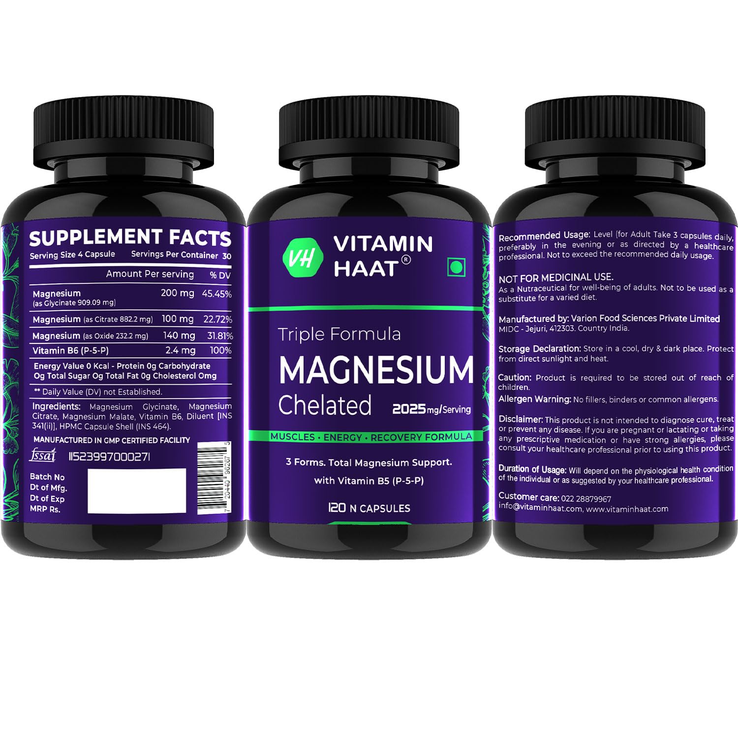 Magnesium Supplement | Magnesium Glycinate and Citrate with Vitamin B6 Supports Muscle Recovery & Better Sleep | Triple Mineral Complex |2025mg Per Serving 120 Capsules by VitaminHaat — Amazon image 2