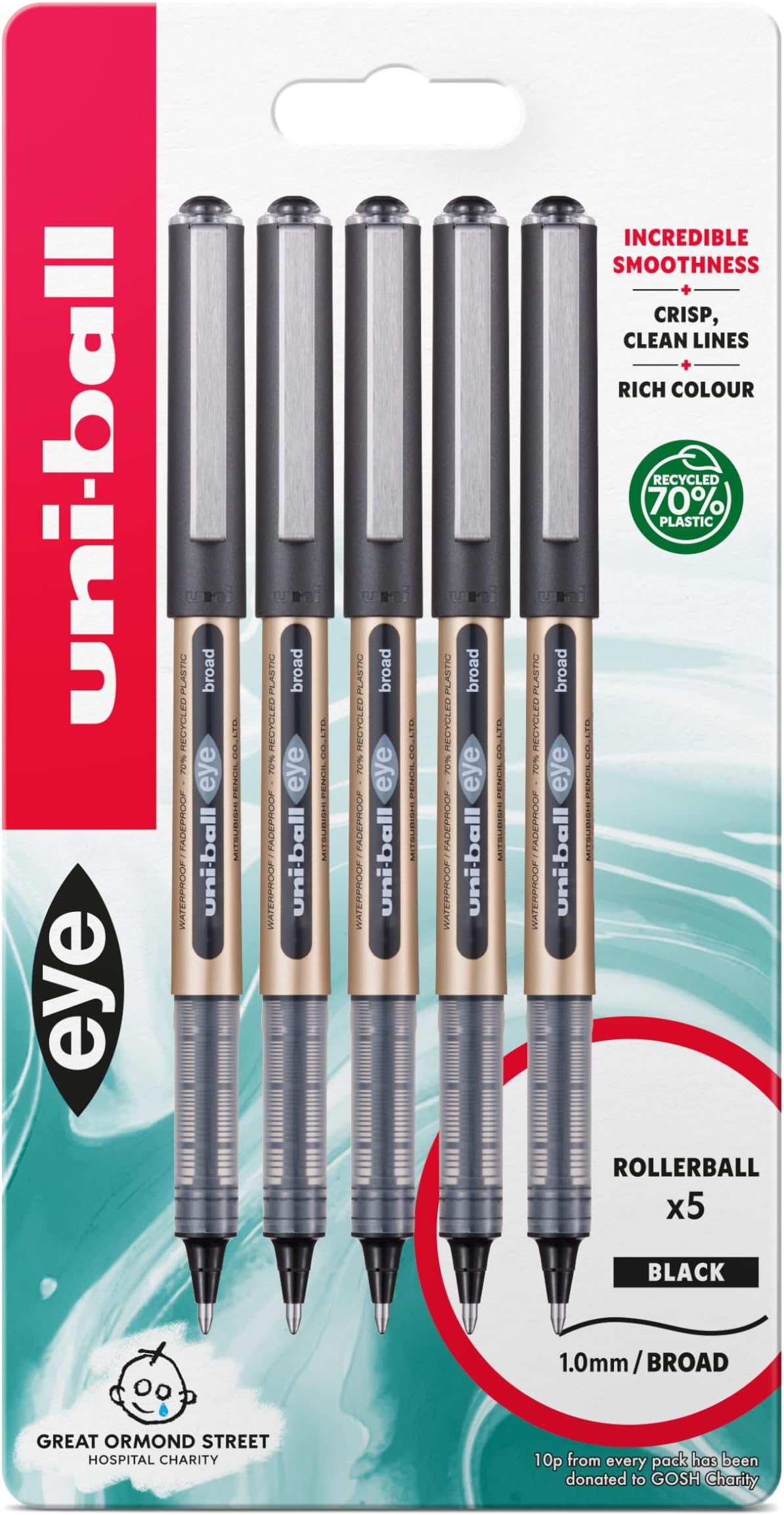 uni-ball UB-150-10 Eye Rollerball Pens. Premium Broad 1.0mm Ballpoint Tip for Super Smooth Handwriting, Drawing, Art, Crafts and Colouring. Fade and Water Resistant Liquid Uni Super Ink. 5 Pack Black
