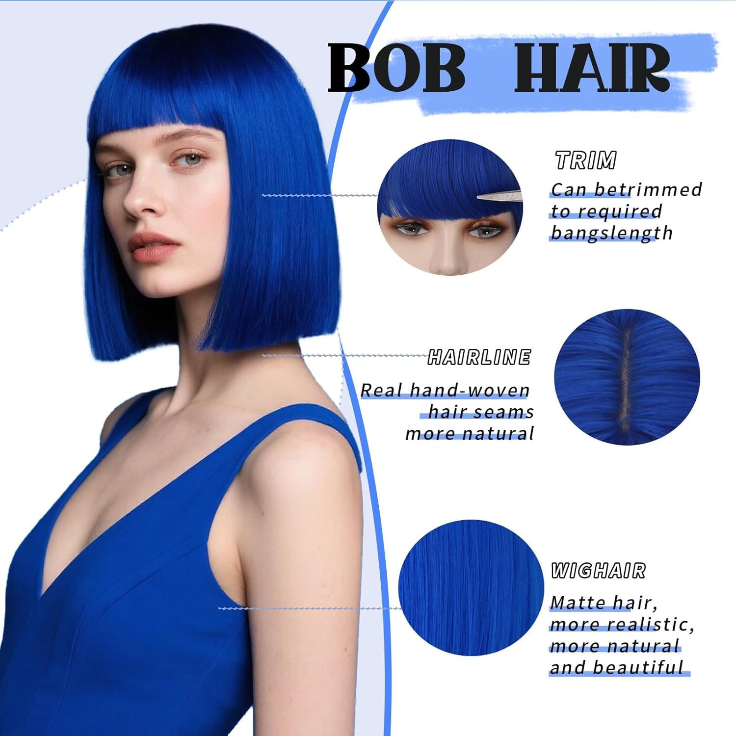 PORSMEER Short Straight Bob Blue Wigs with Fringe Shoulder Length Hair Colorful Wig for Women Girls Heat Resistant Synthetic Wig for Cosplay Halloween Party 14 Inch 35cm - Image 4