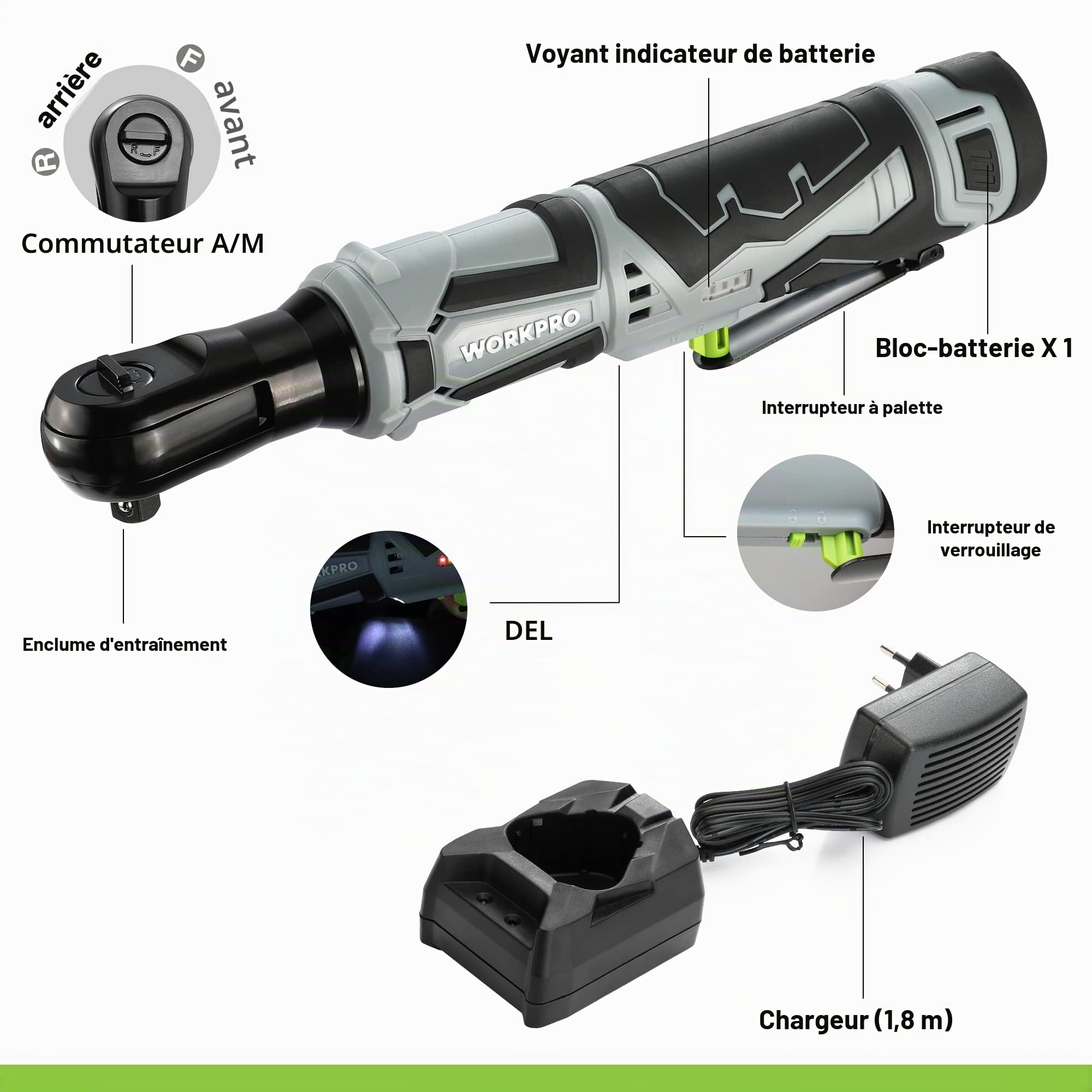 WORKPRO Clé à Cliquet Sans Fil 12V, 3/8" avec 9 Accessoires