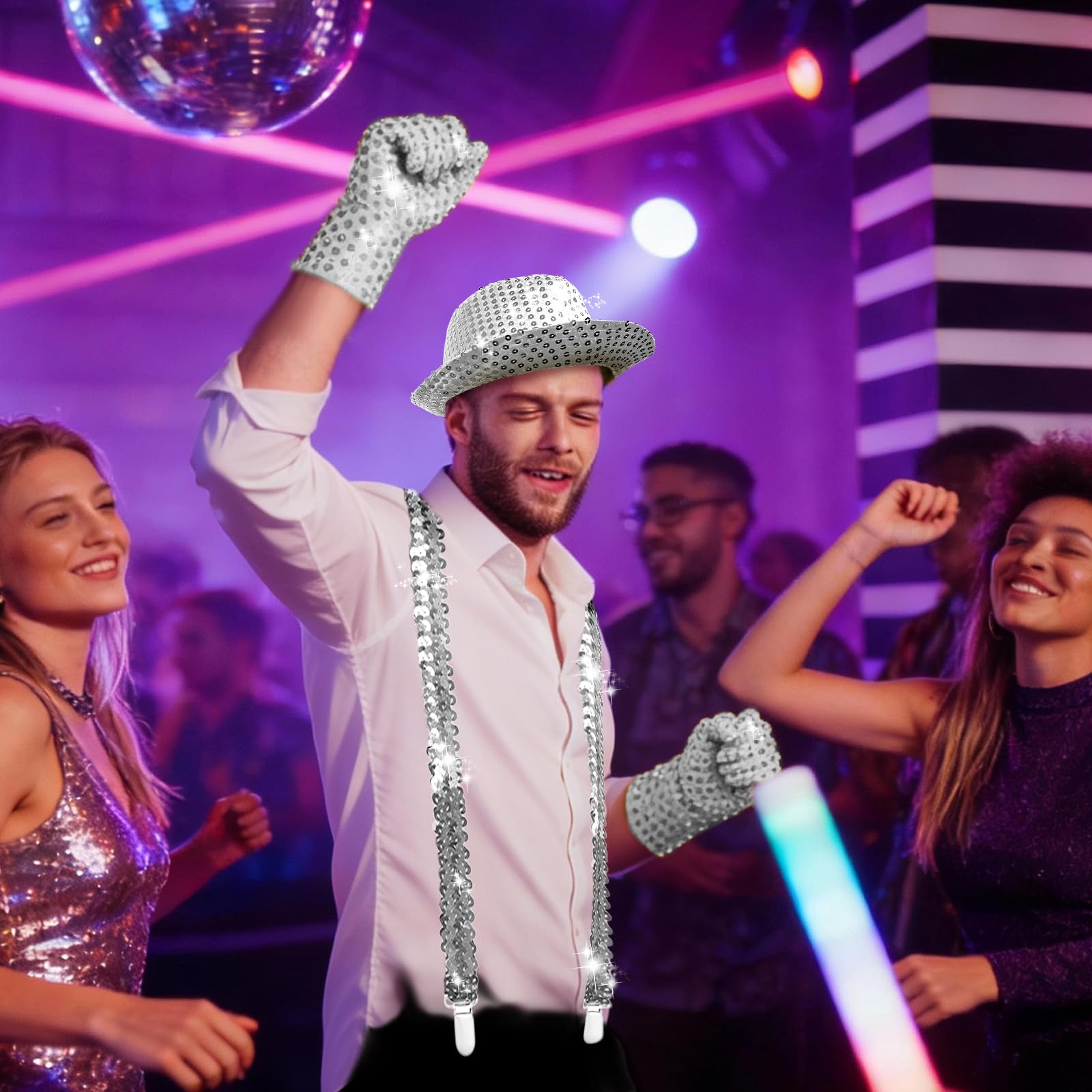 Zestaw brokatowych akcesoriów do dyskoteki, 5 sztuk, w tym kapelusz z cekinami, szelki, muszka, krawat, rękawiczki, cekinowe akcesoria na imprezę lub karnawał (srebrny)
