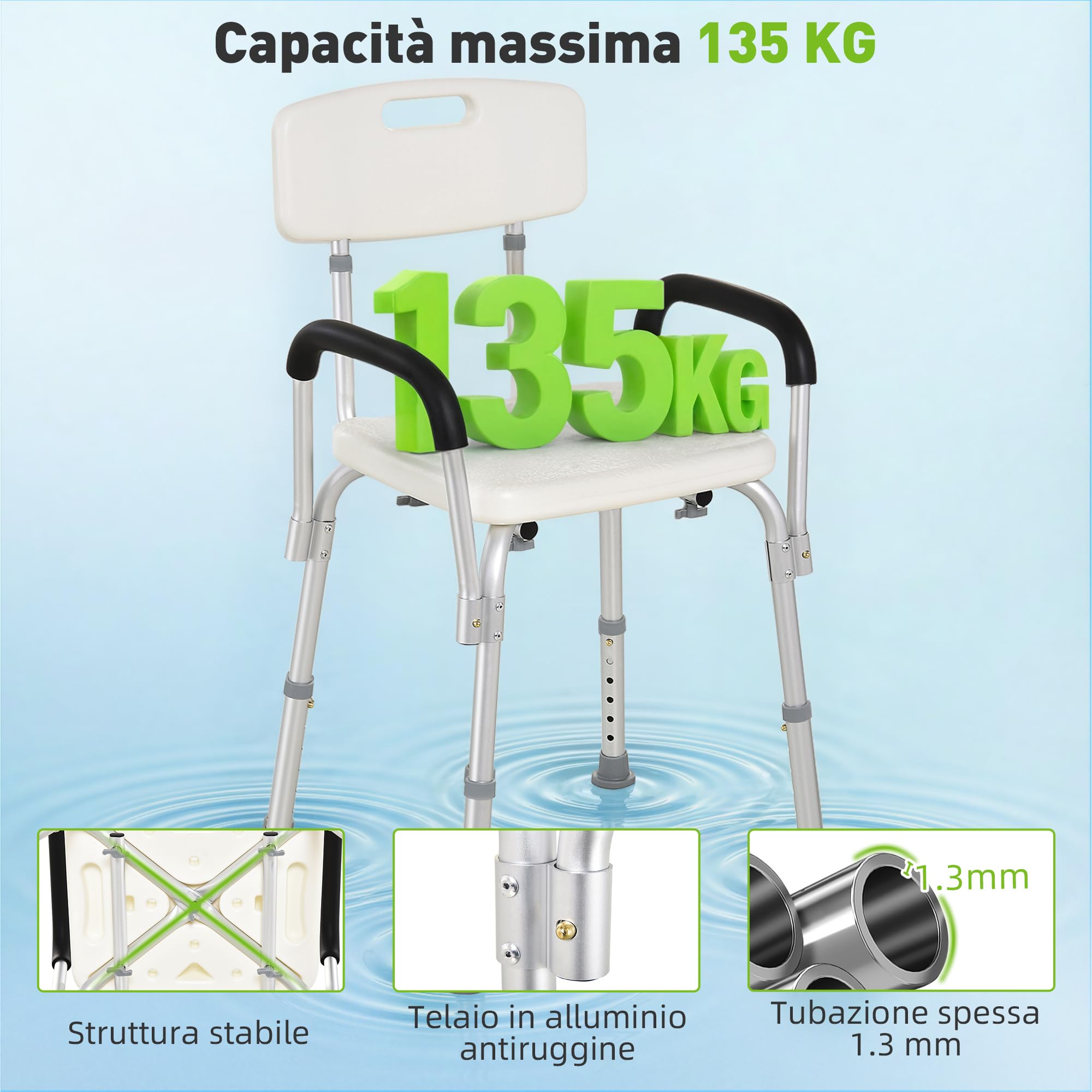 HOMCOM Sedia Doccia con Schienale, Braccioli, Altezza Regolabile, Sgabello Doccia con Piedini Antiscivolo, Montaggio Senza Attrezzi, Sedile per Anziani e Disabili, Interno, Bianco