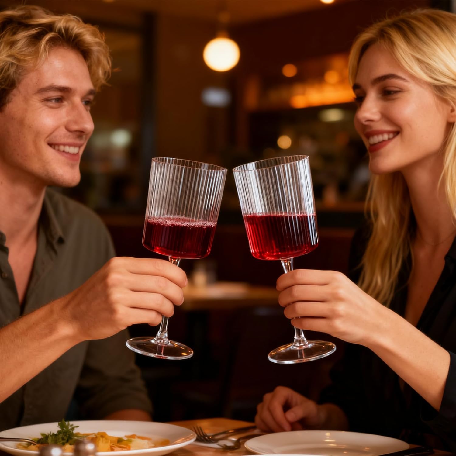 YOUBET 24 Pack Plastic Ribbed Wine Glasses - 10 OZ Clear Square Wine Glasses with Stem - Heavy Duty Vintage Disposable Champagne Cups for Wedding Parties - Image 7