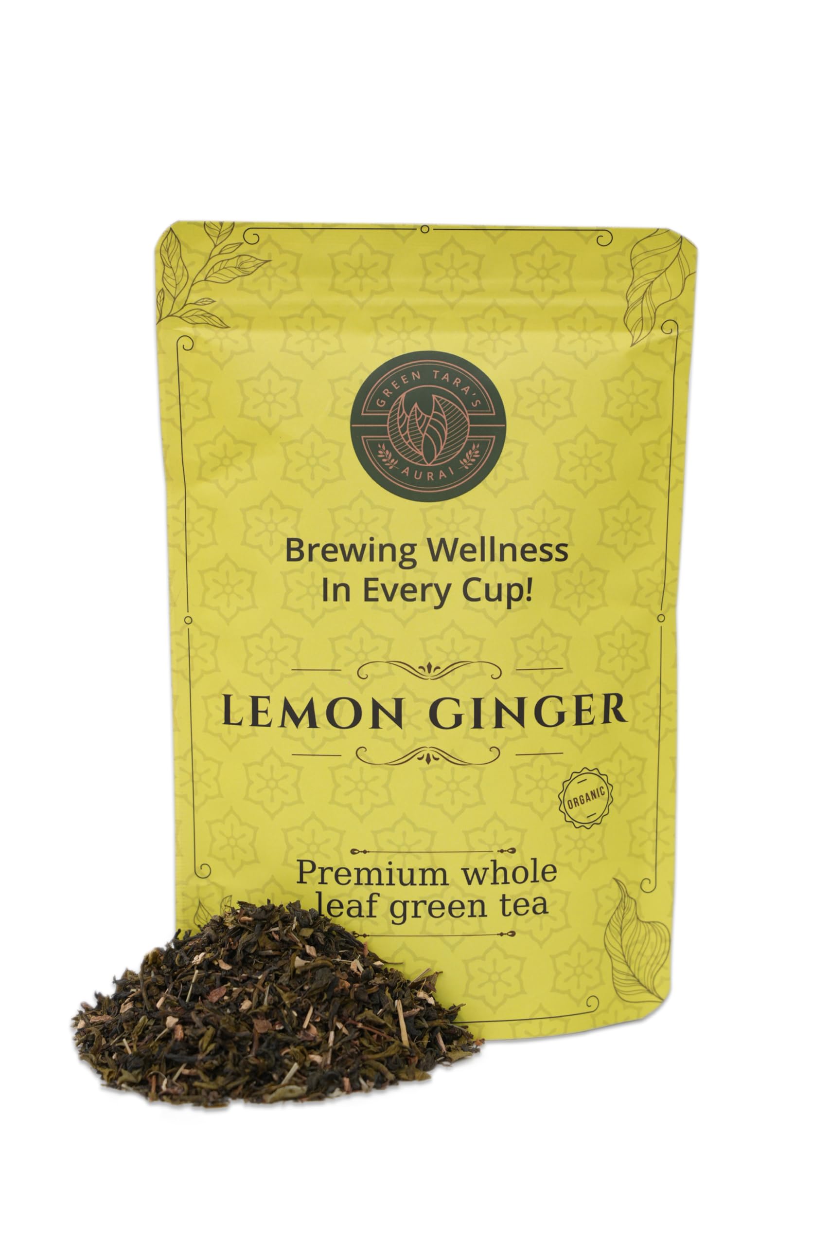 Green Tara's Aurai Lemon Ginger Pure Green Tea, 100g Organic and Whole loose leaves Blend, Refreshing Zesty Herbal Infusion, Resealable Pack, Weight Loss Support, Caffeine-Free, Non-GMO