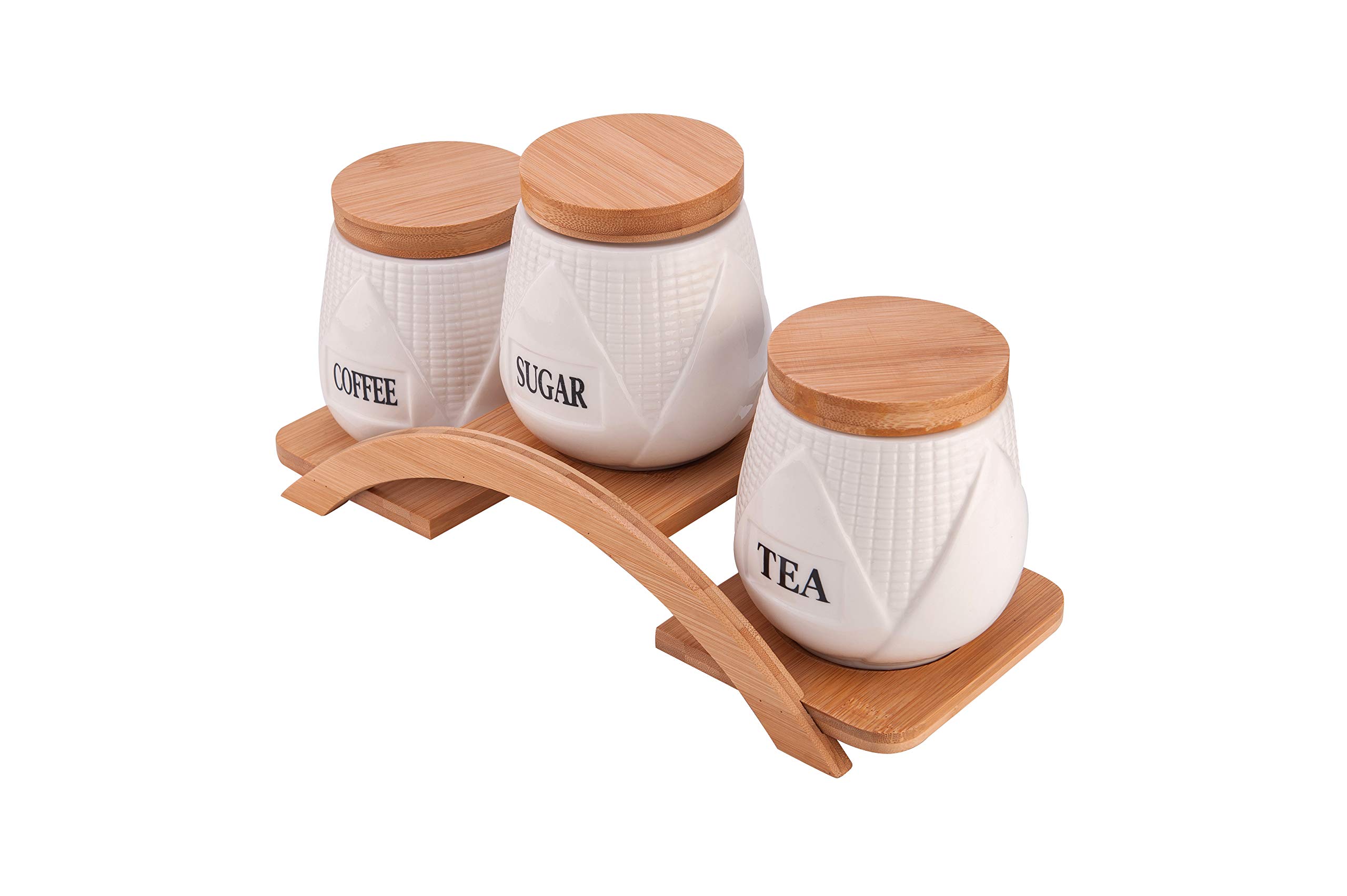 XYQXYQ Keramische jerrycanset voor aanrecht in de keuken - een set van 3 keukenbussen met gelaagde plank, luchtdichte aanrecht meel- en suikercontainers, opslag van koffie en thee (wit