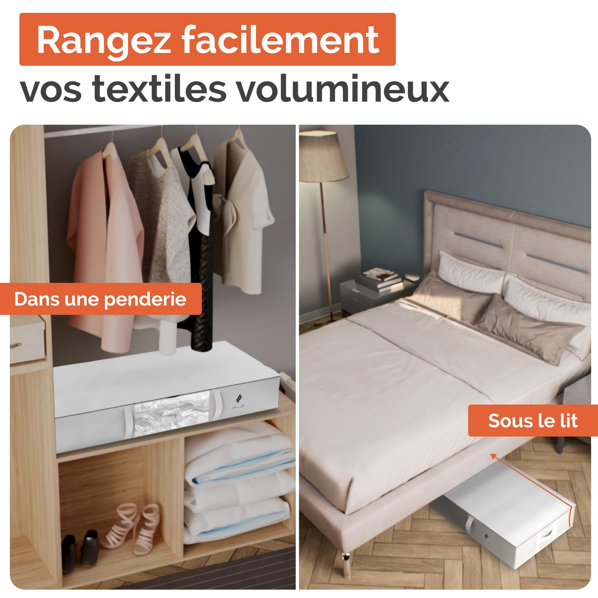 Lot De 3 Sacs De Rangement Sous Lit + 3 Sacs Sous Vide – Dimensions 100x50x15 Cm – Gris Foncé – Fenêtre Transparente