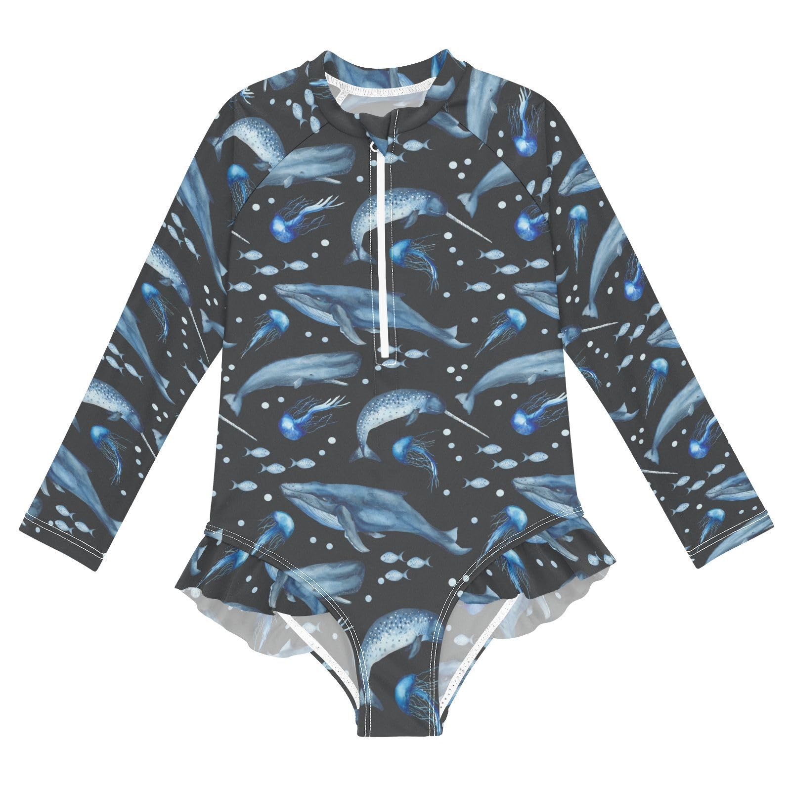 Ollabaky Baby Girls Long Sleeve Swimsuit Watercolor Whales Jellyfish Sperm Whale Narwhal One Piece Bathing Suit Rash Guard UPF50+ Toddler Girl Swimwear, 9-10T Multi