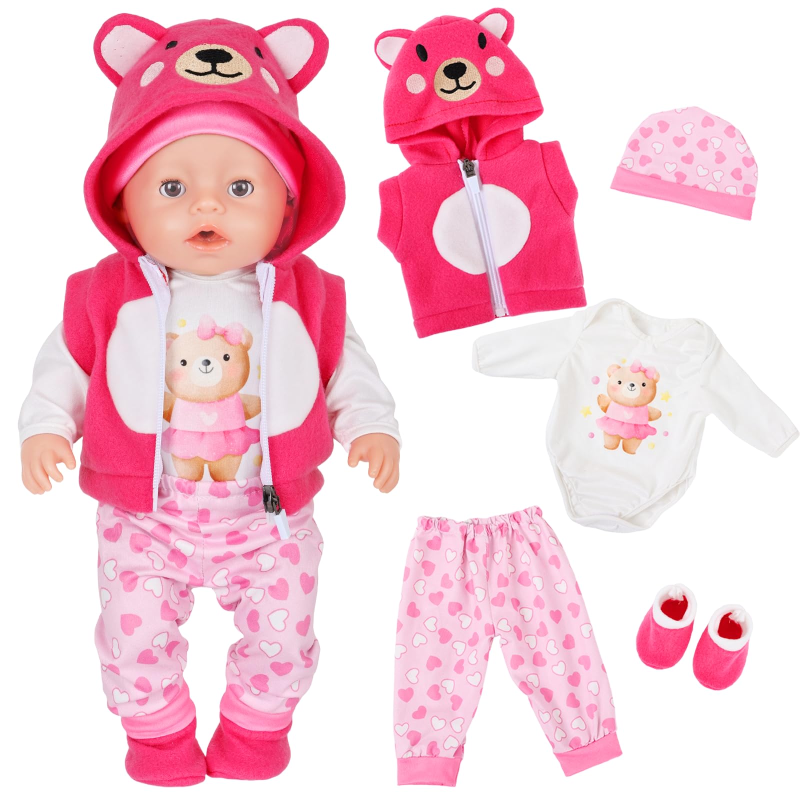5 Pcs Baby Doll Clothes Set for 14-18 Inch Dolls, Cute Bear Onesie Outfit for 35-43cm Dolls